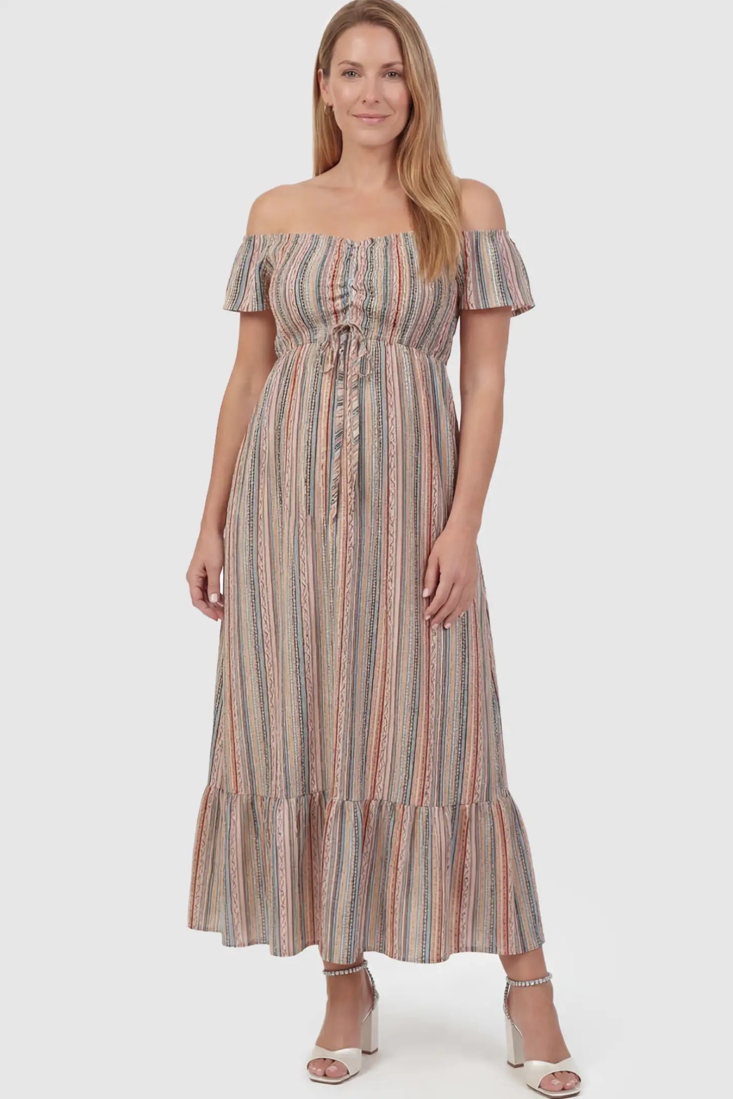 Striped Off Shoulder Ruffle Hem Maternity Maxi Dress Striped Off-the-Shoulder Ruffle Hem Maternity Maxi Dress in multi colors featuring a flounced hem on a postpartum model showing front.