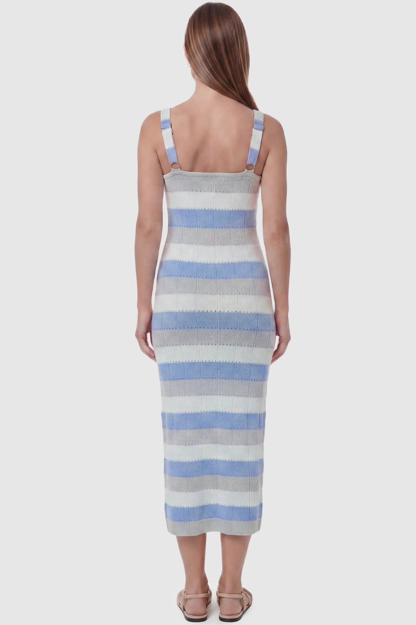 Striped Square Neck Sleeveless Maternity Midi Dress Striped Square Neck Sleeveless Maternity Midi Dress in Blue featuring adjustable slider straps and soft knit stretch on a pregnant model, back view.