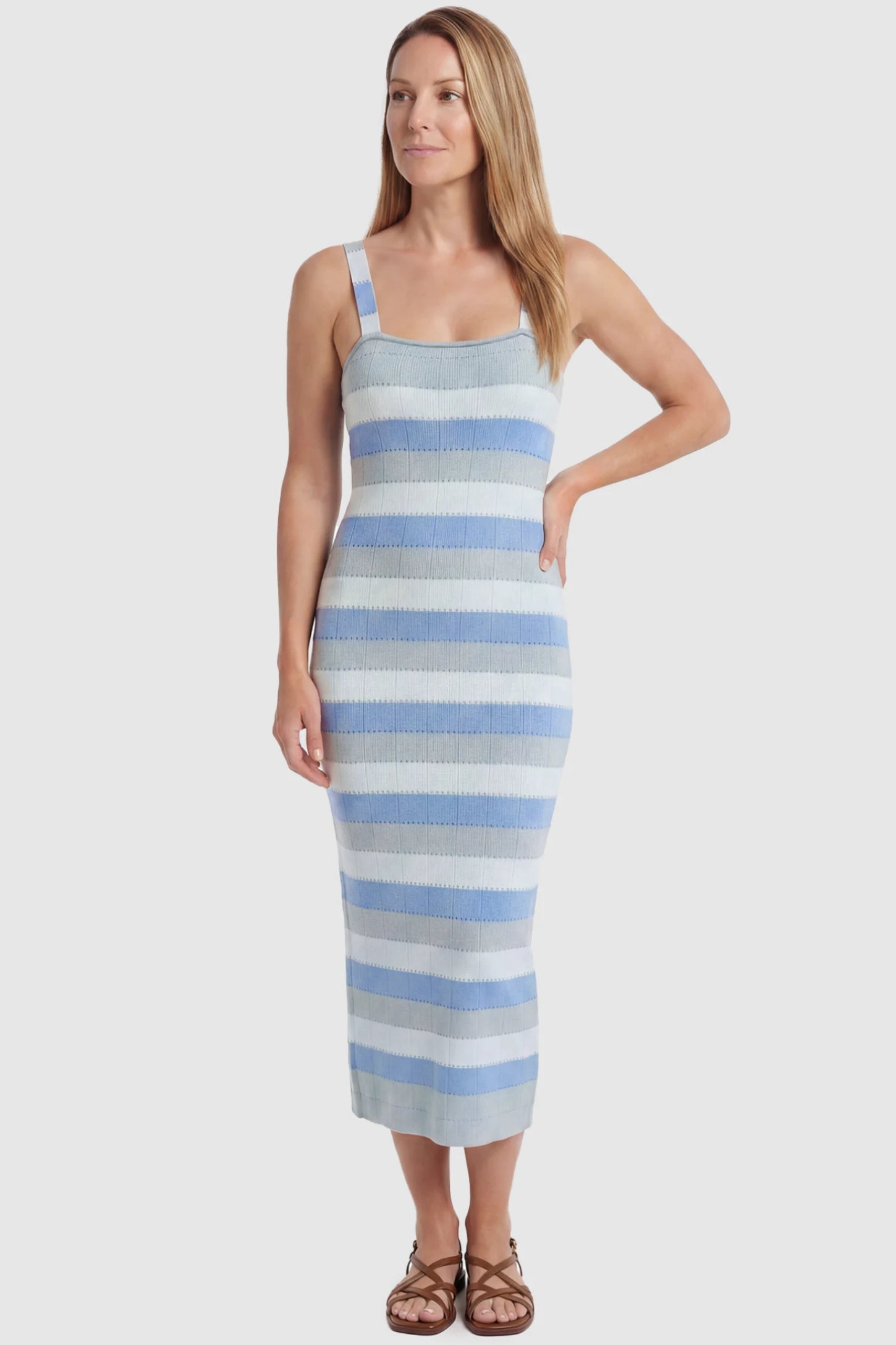 Striped Square Neck Sleeveless Maternity Midi Dress Striped Square Neck Sleeveless Maternity Midi Dress in Blue featuring adjustable slider straps and soft knit stretch on a postpartum model, front view.