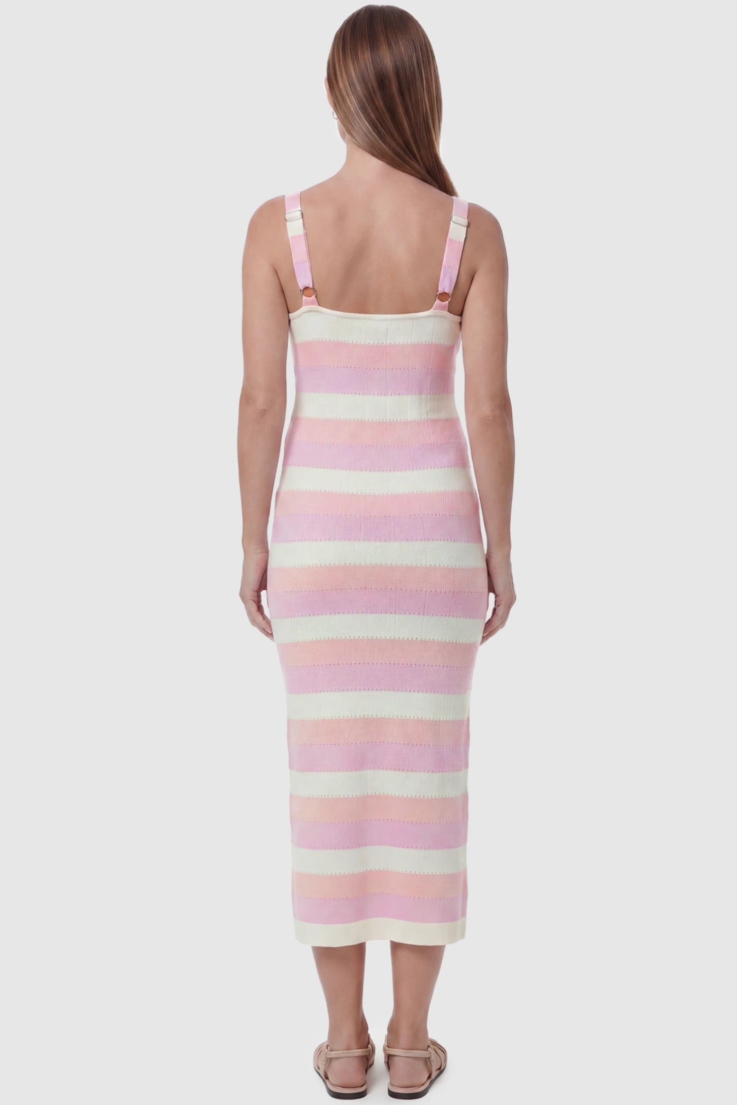 Striped Square Neck Sleeveless Maternity Midi Dress Striped Square Neck Sleeveless Maternity Midi Dress in Pink featuring adjustable slider straps and soft knit stretch on a pregnant model, back view.
