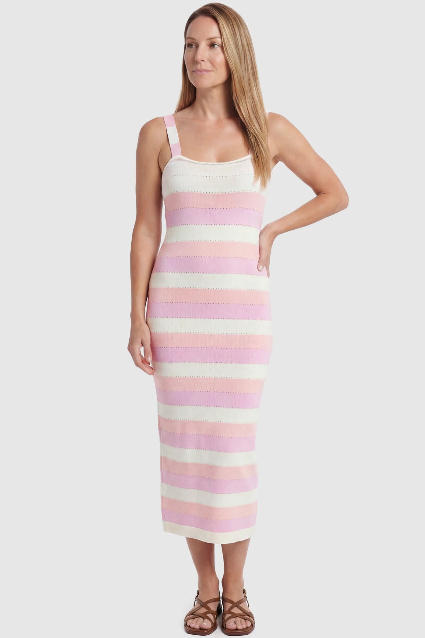 Striped Square Neck Sleeveless Maternity Midi Dress Striped Square Neck Sleeveless Maternity Midi Dress in Pink featuring adjustable slider straps and soft knit stretch on a postpartum model, front view.