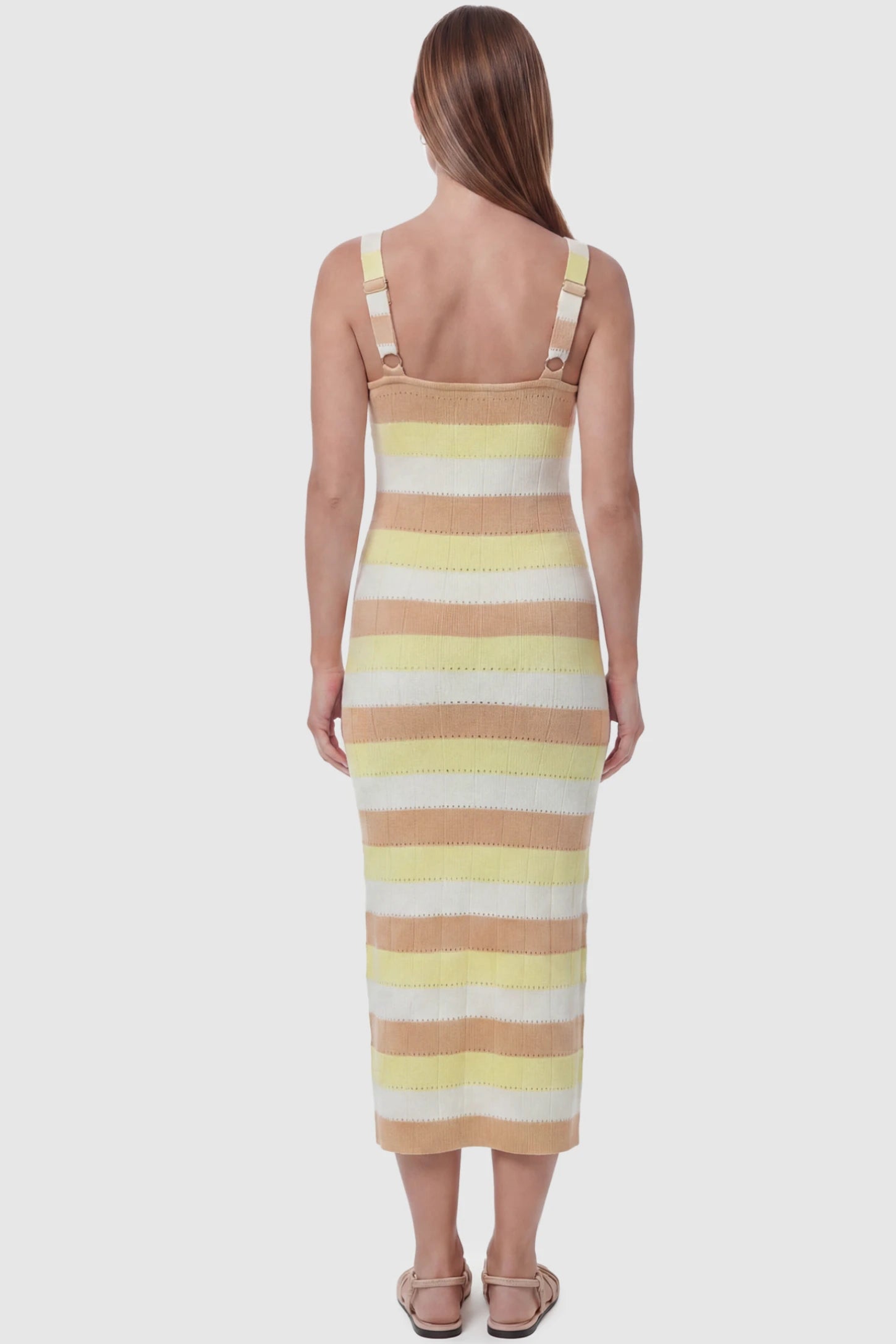 Striped Square Neck Sleeveless Maternity Midi Dress Striped Square Neck Sleeveless Maternity Midi Dress in Yellow featuring adjustable slider straps and soft knit stretch on a pregnant model, back view.
