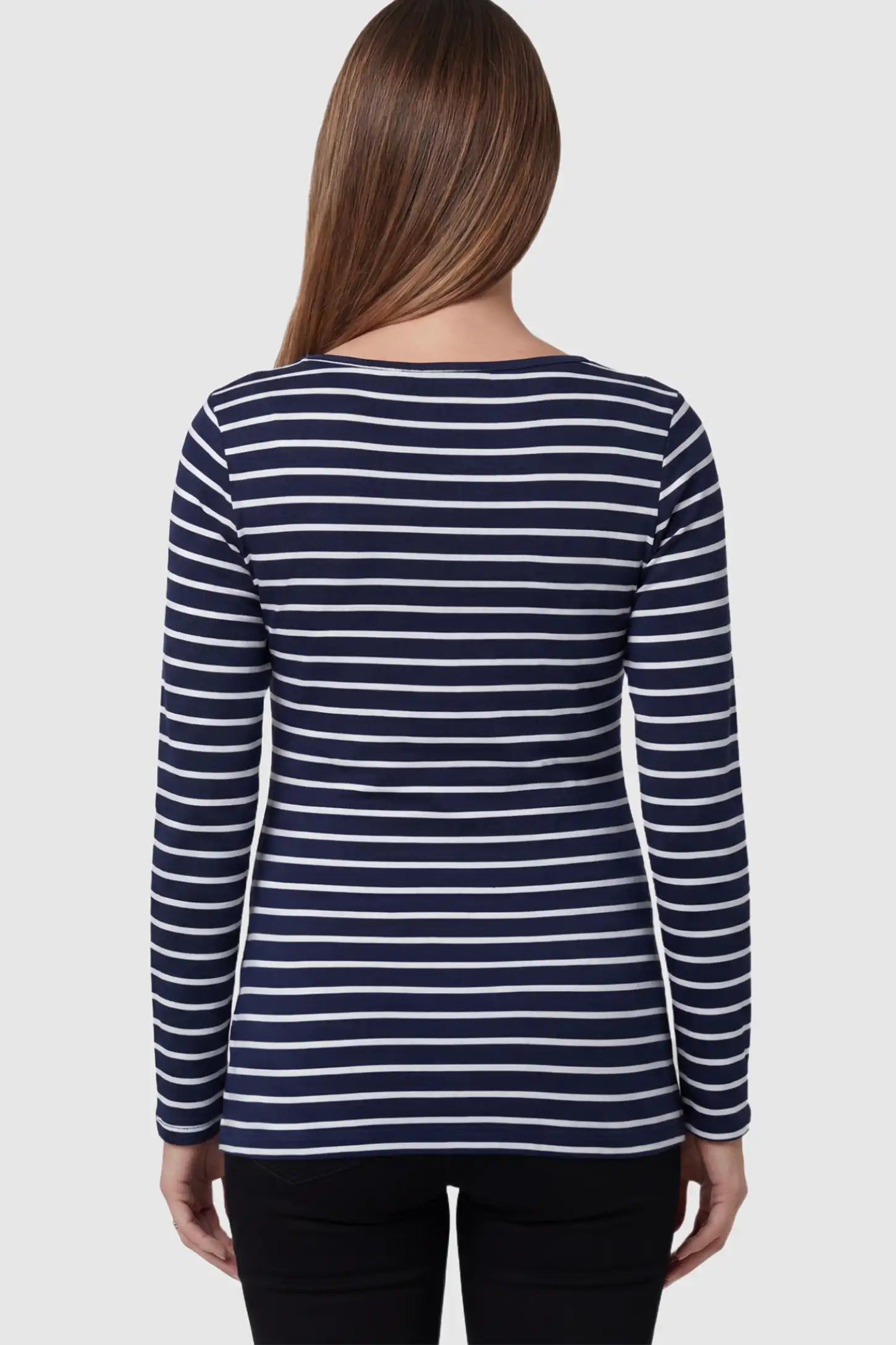 Striped Wrap Front Maternity & Nursing Top Striped Wrap Front Nursing Top in navy blue with crossover neckline on a pregnant model showing back.