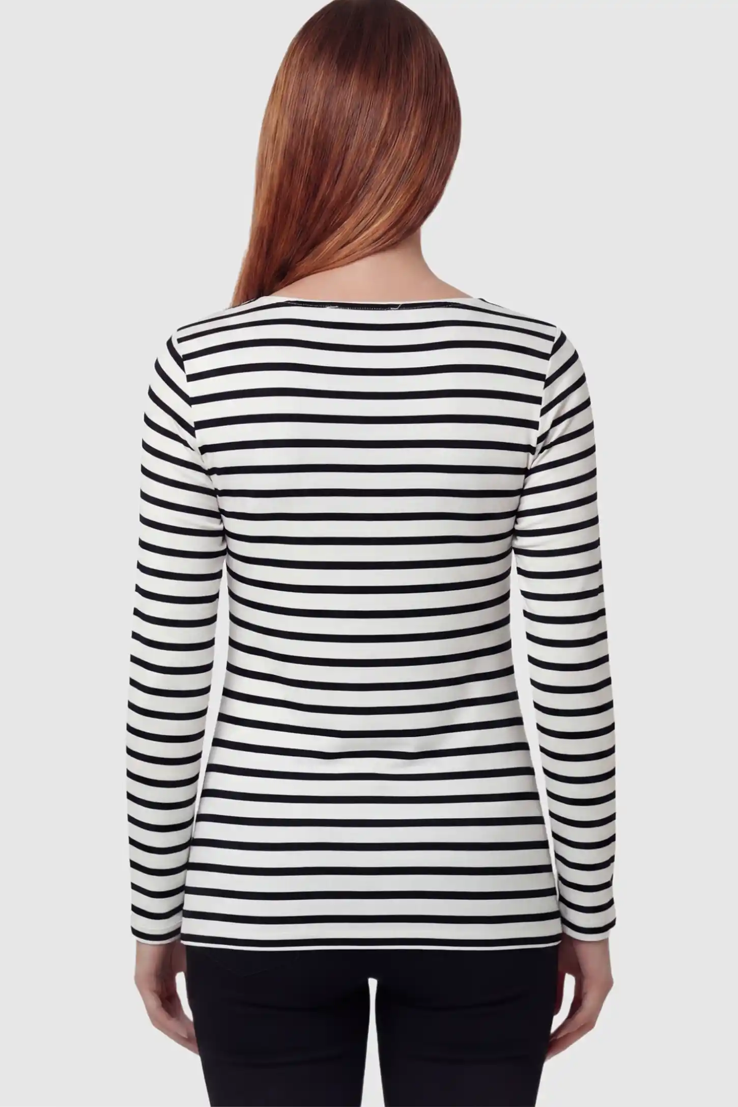 Striped Wrap Front Maternity & Nursing Top Striped Wrap Front Nursing Top in white with crossover neckline on a pregnant model showing back.