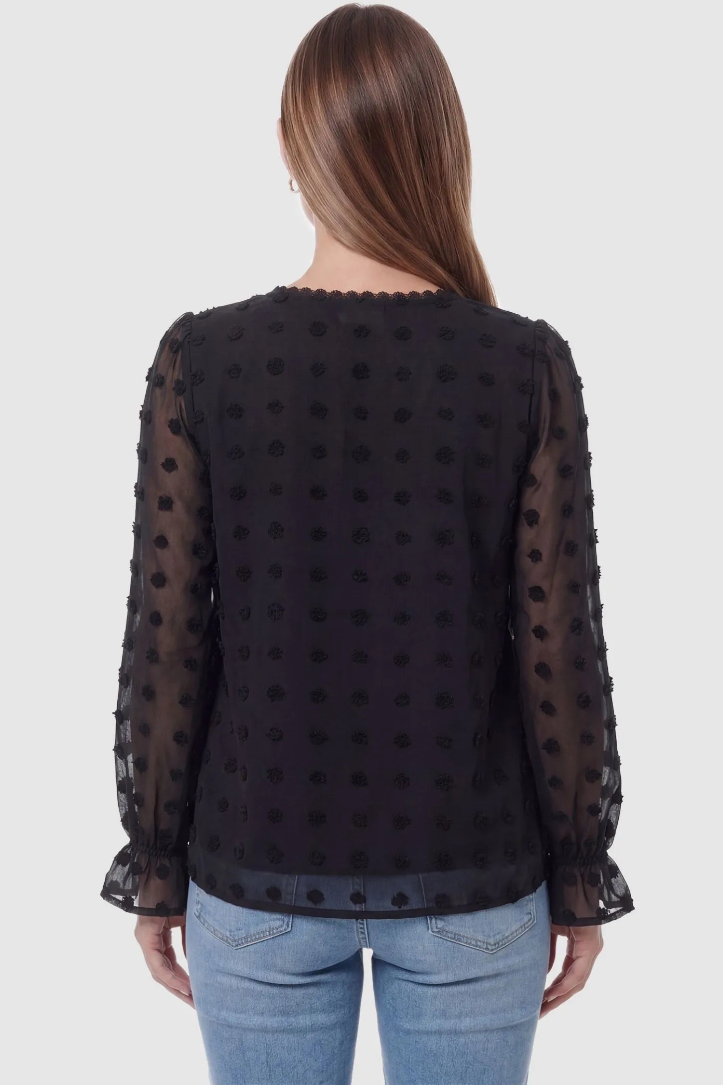 Swiss Dot Sheer Empire Waist Maternity Top Swiss Dot Sheer Empire Waist Maternity Top in black featuring lightweight sheer fabric, back view on a pregnant model.