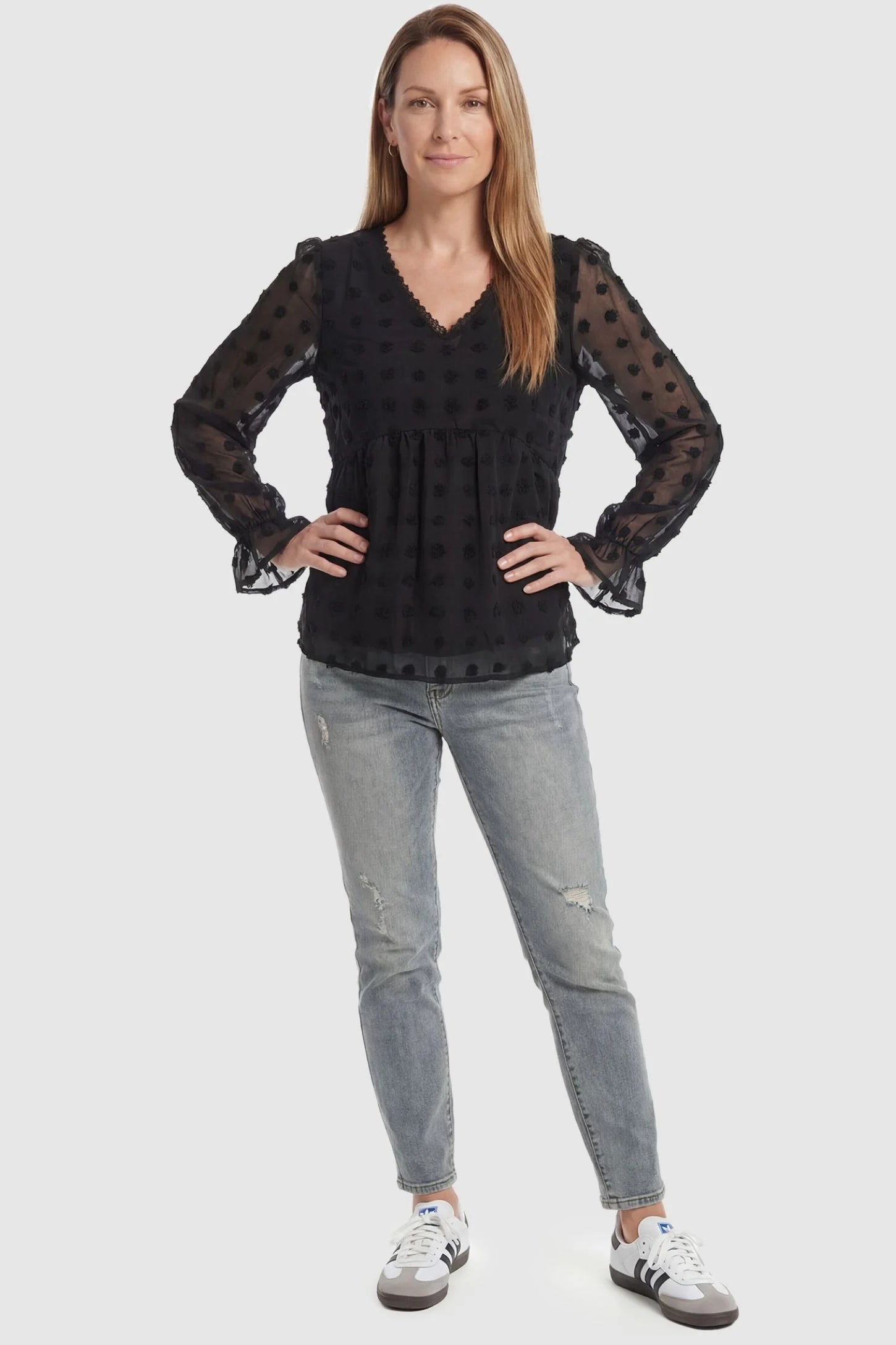Swiss Dot Sheer Empire Waist Maternity Top Swiss Dot Sheer Empire Waist Maternity Top in black featuring a comfortable fit for postpartum, front view on a non pregnant model.