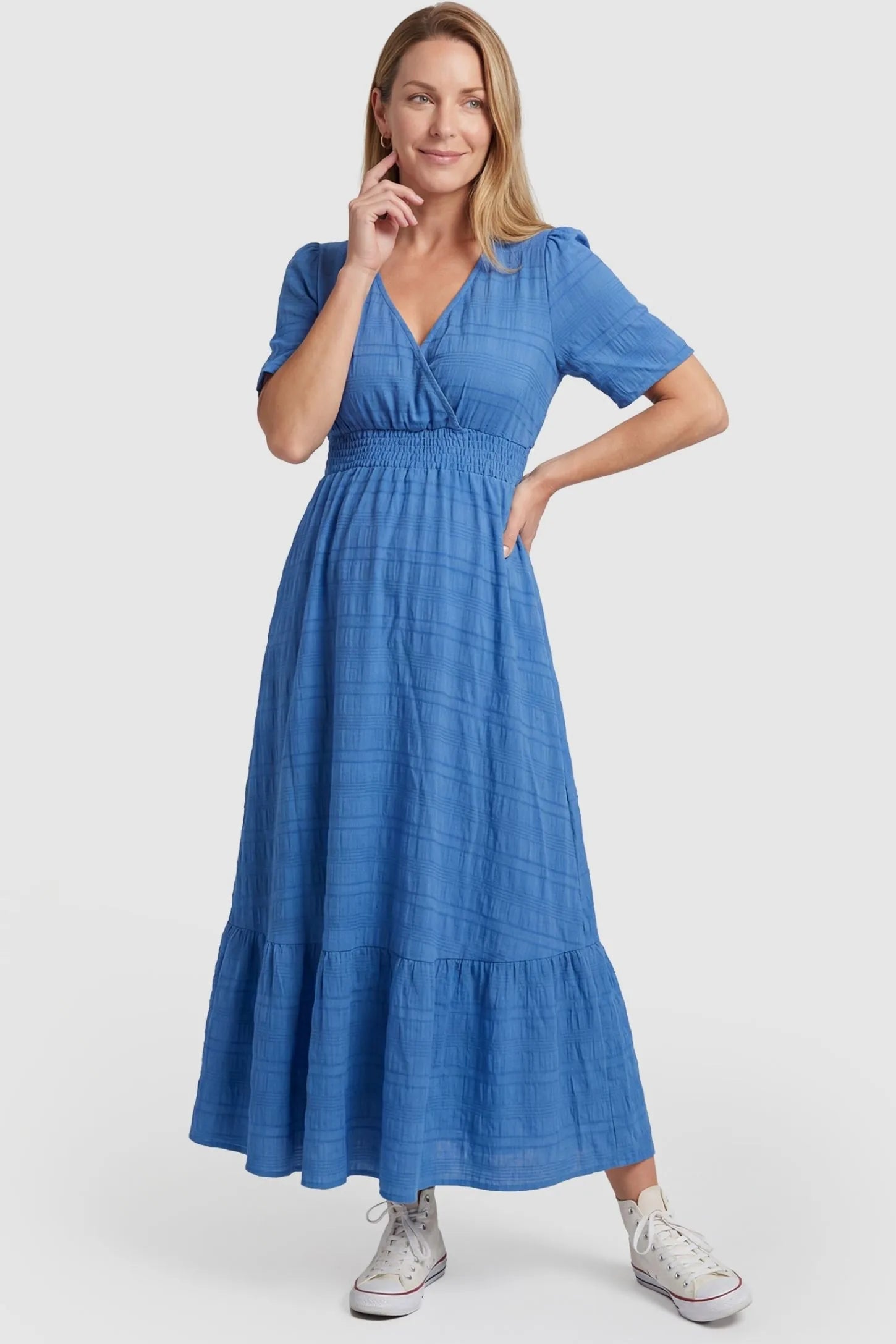 Textured Knit Butterfly Sleeve Maternity Midi Dress Textured Knit Butterfly Sleeve Midi Dress in Blue featuring feminine short butterfly sleeves on a non-pregnant model, front view.