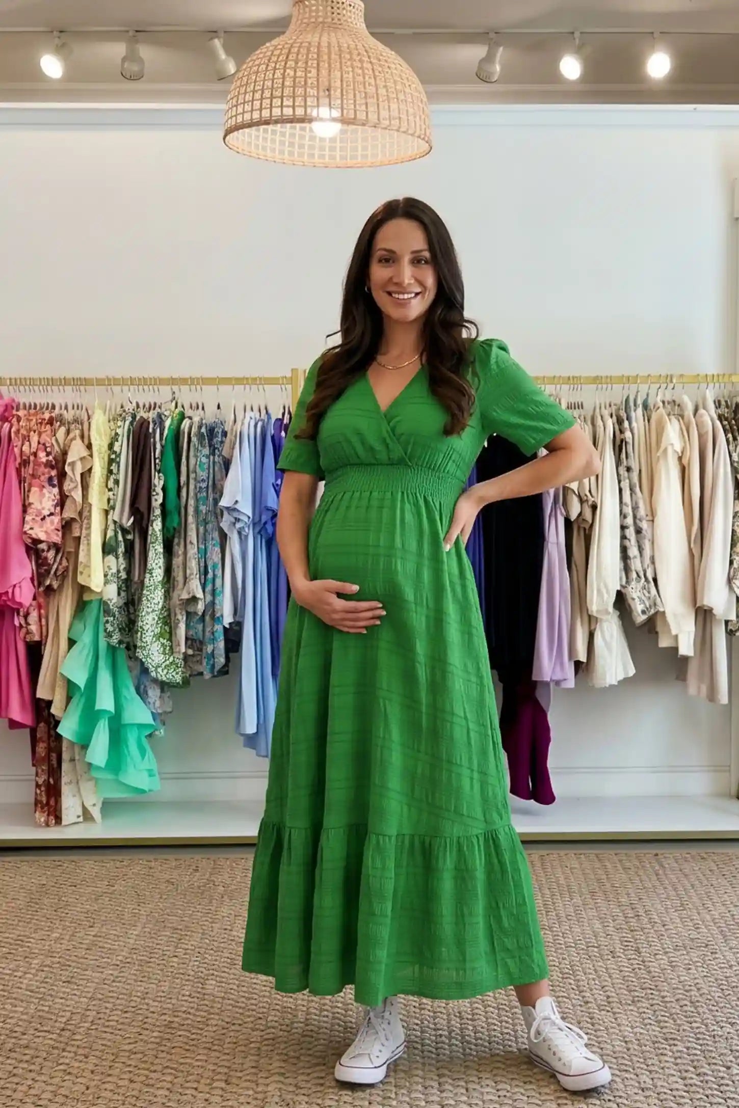 Textured Knit Butterfly Sleeve Maternity Midi Dress Textured Knit Butterfly Sleeve Midi Dress in Green featuring feminine short butterfly sleeves on a pregnant model, UGC view.