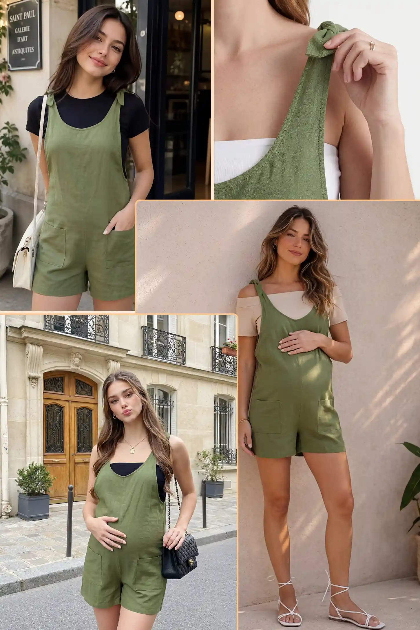 Tie-Strap Sleeveless Pocketed Maternity Romper Collage image of the olive  Tie-Strap Sleeveless Pocketed Maternity Romper showing lifestyle views and tie-strap detail.