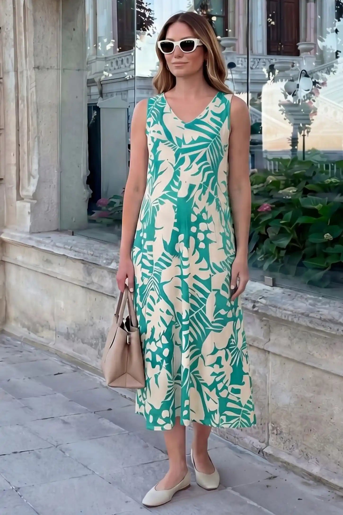 Tropical Print Sleeveless Midi Maternity Dress Tropical Print Sleeveless Midi Maternity Dress in Green featuring lightweight breathable fabric on a model in an outdoor setting, front view.