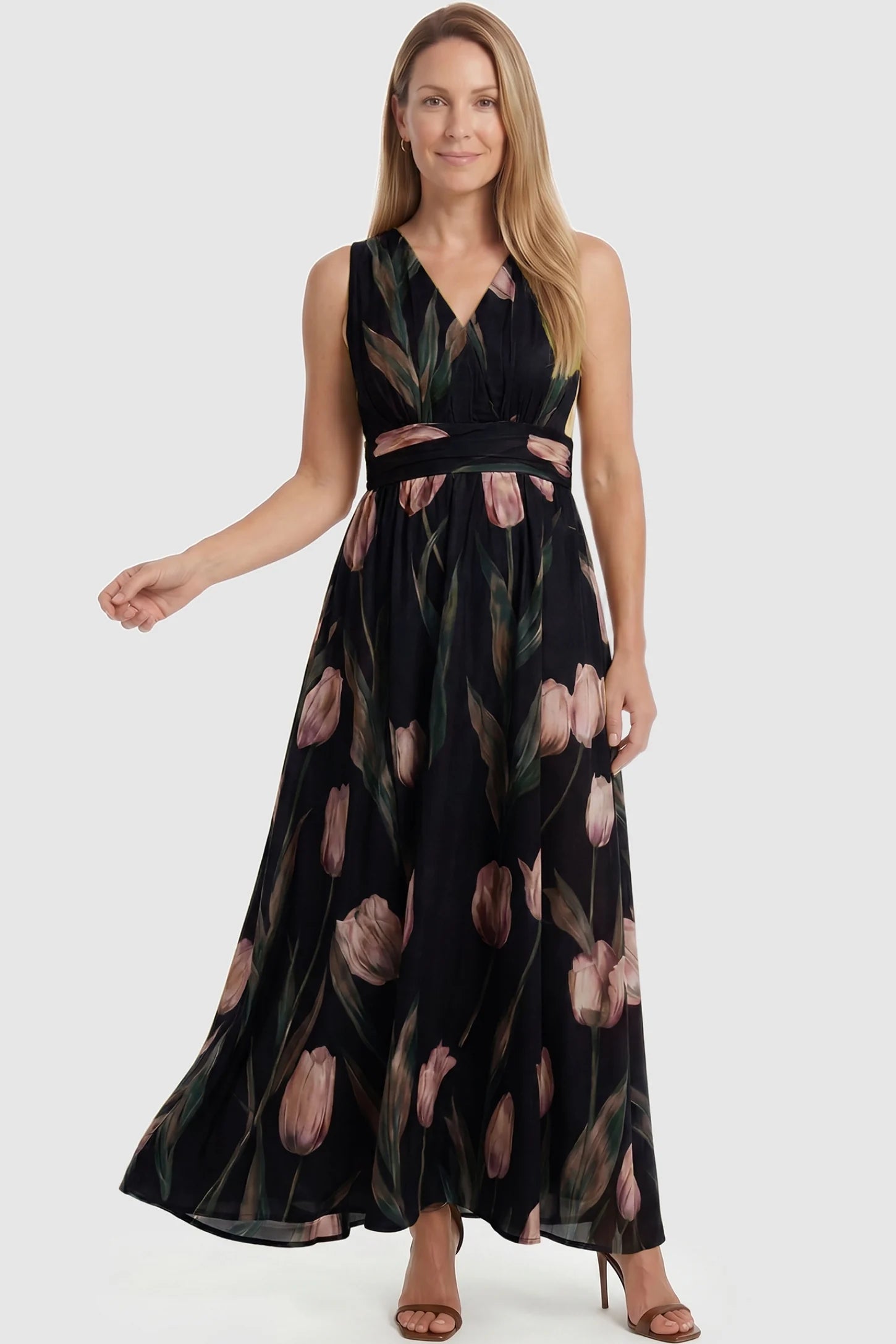 Tulip Print V-Neck Maxi Dress