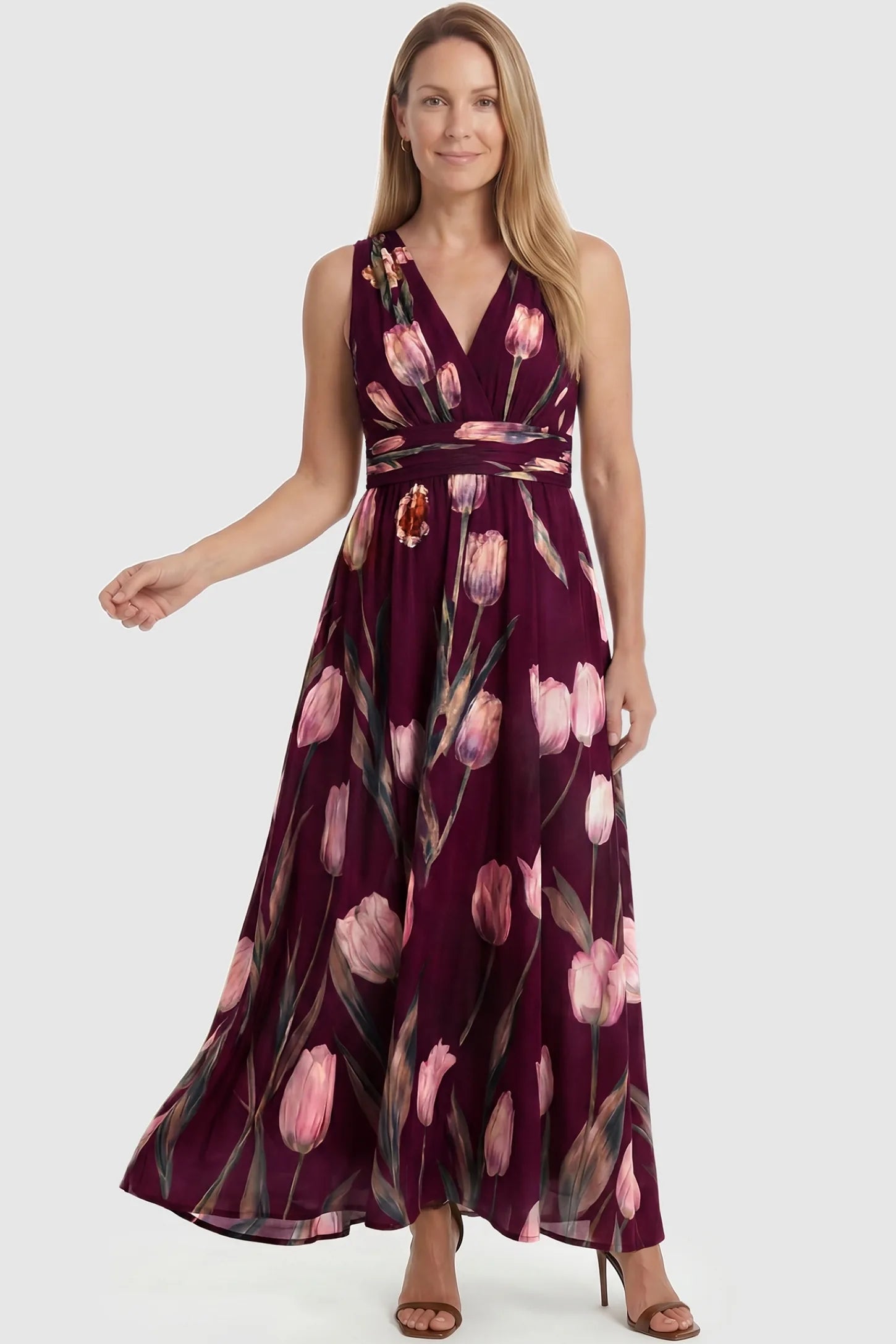 Tulip Print V-Neck Maxi Dress Tulip Print V-Neck Maxi Dress in Wine Red featuring a vibrant tulip floral print on a non-pregnant model, front view.