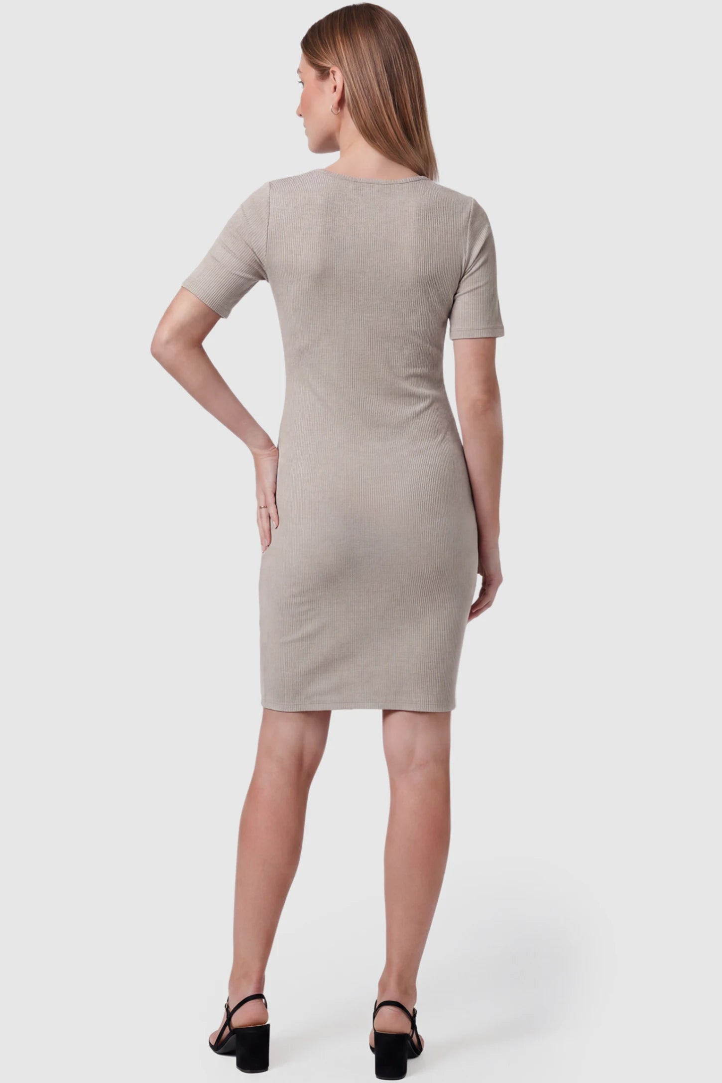 Twist Front Round Neck Short Sleeve Maternity Short Dress Twist Front Round Neck Maternity Short Dress in gray featuring short sleeves. soft knit stretch on a pregnant model, back view.