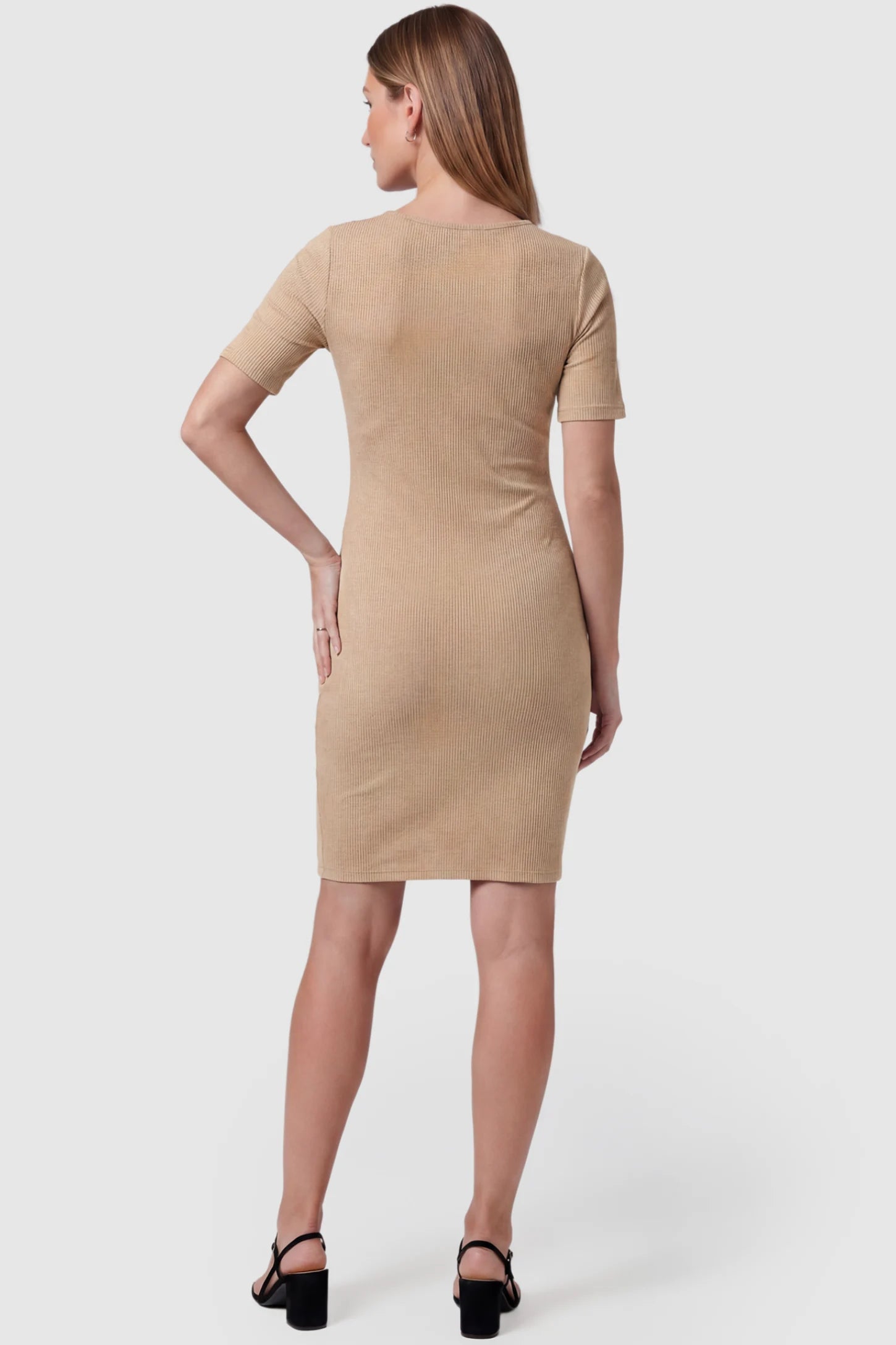 Twist Front Round Neck Short Sleeve Maternity Short Dress Twist Front Round Neck Maternity Short Dress in khaki featuring short sleeves. soft knit stretch on a pregnant model, back view.