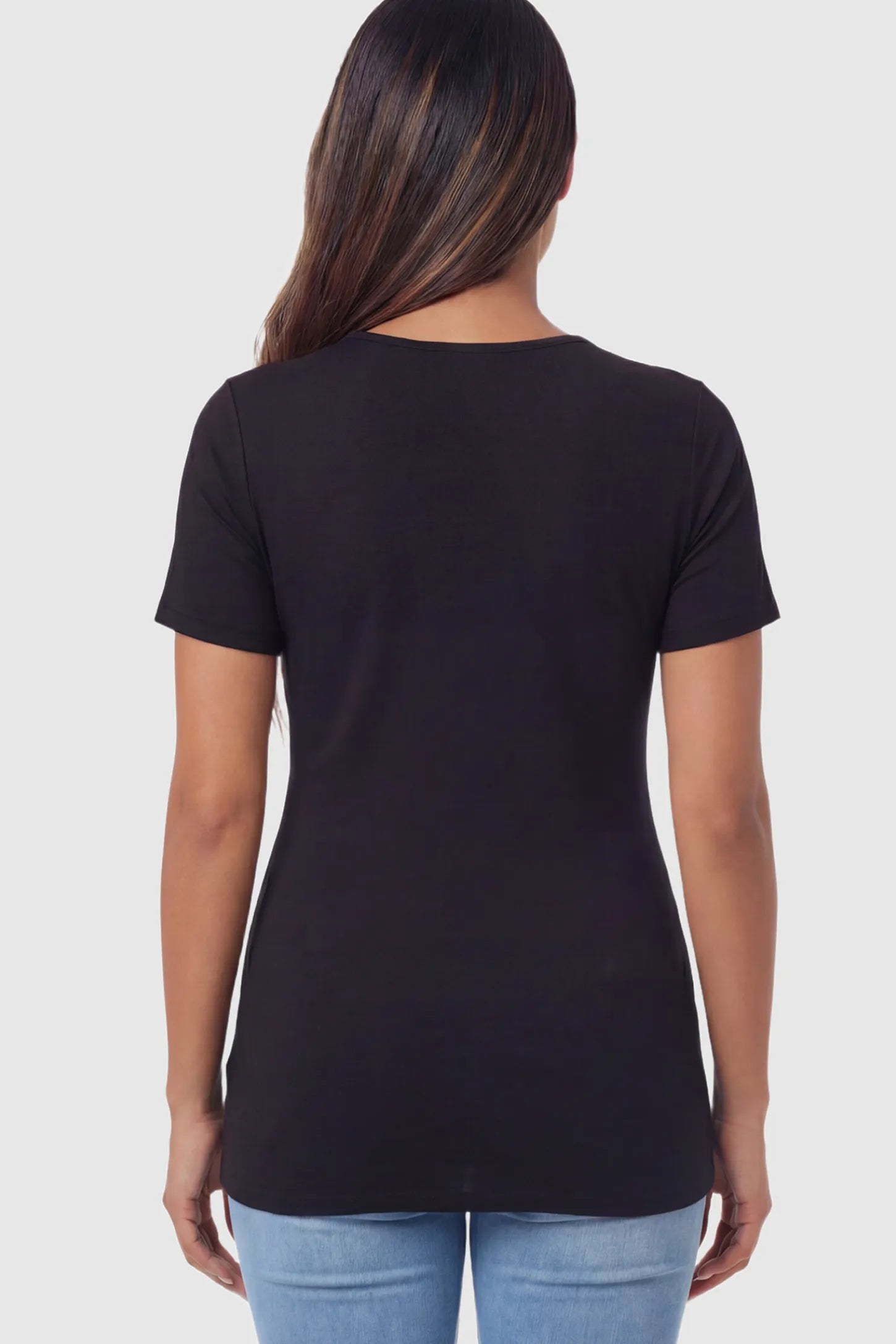 V Neck Crossover Maternity & Nursing Top Cross-Front Maternity and Nursing Top in Black featuring moisture-wicking fabric and wrap nursing access on a pregnant model showing back.