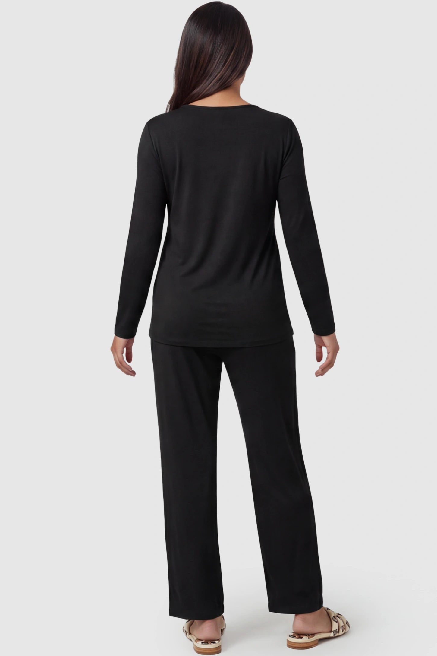 V-Neck Long Sleeve Top with Long Pants Maternity Sleepwear V-Neck Long Sleeve Maternity Lounge Set in Black featuring long sleeves on a pregnant model showing back.