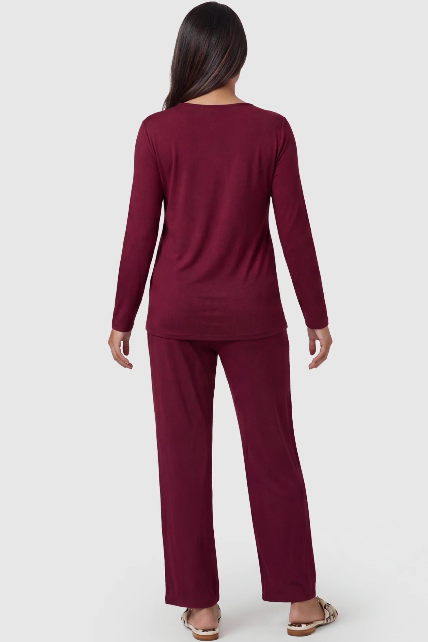 V-Neck Long Sleeve Top with Long Pants Maternity Sleepwear V-Neck Long Sleeve Maternity Lounge Set in Burgundy featuring long sleeves on a pregnant model showing back.