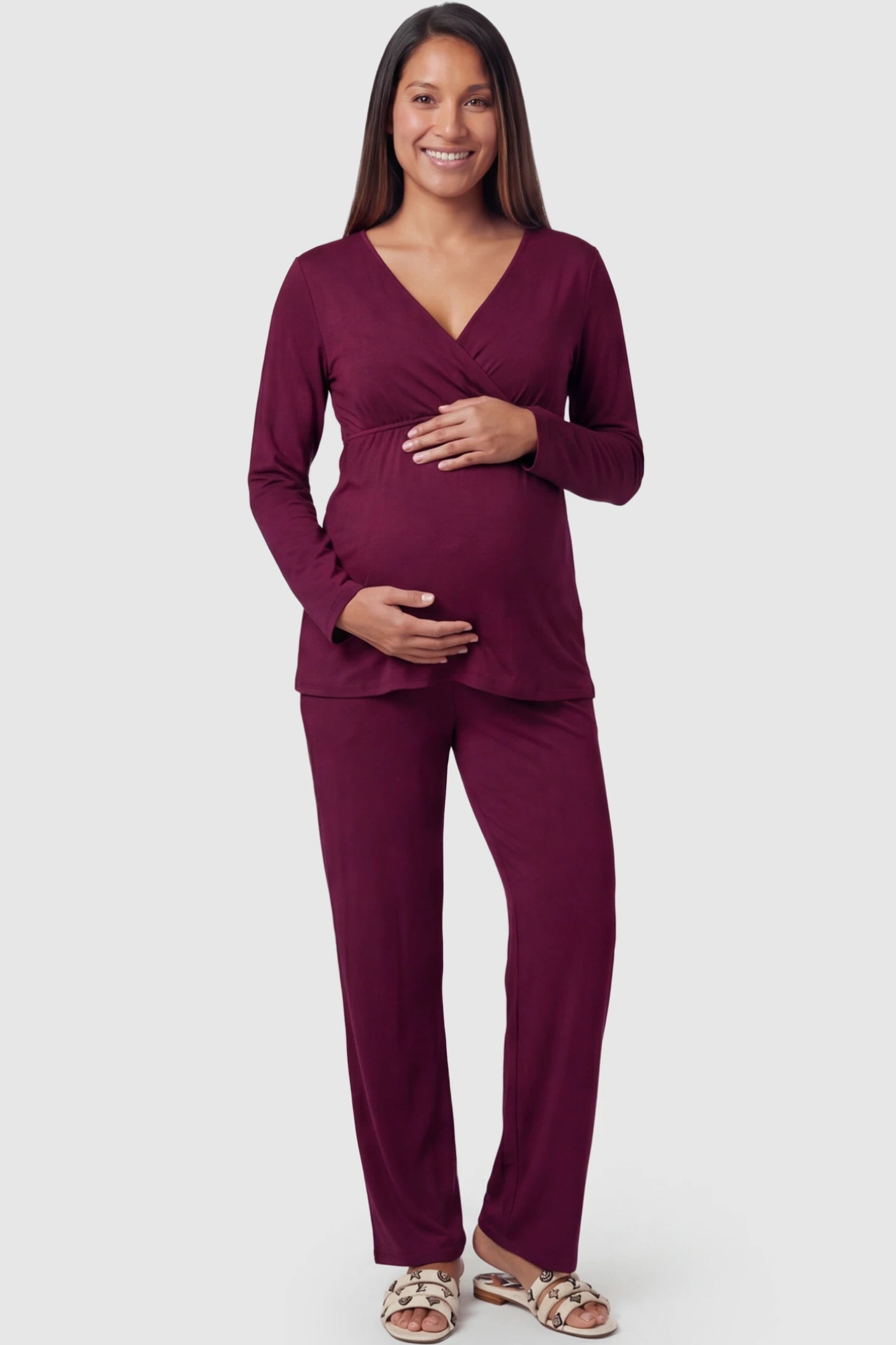 V-Neck Long Sleeve Maternity Lounge Set in Burgundy featuring a crossover front on a pregnant model showing fullbody.