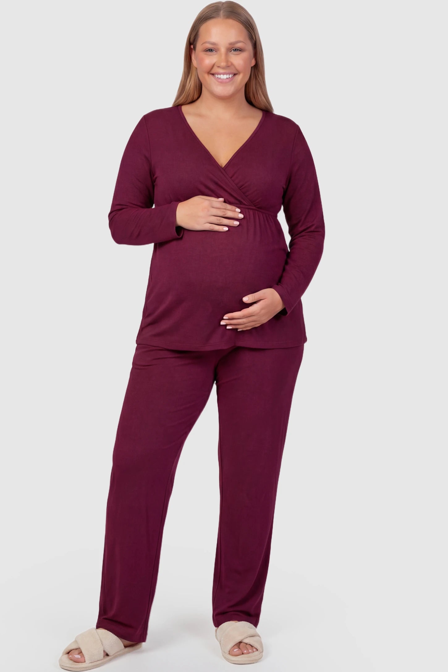 V-Neck Long Sleeve Top with Long Pants Maternity Sleepwear V-Neck Long Sleeve Maternity Lounge Set in Burgundy featuring a crossover front on a plus size model showing front.