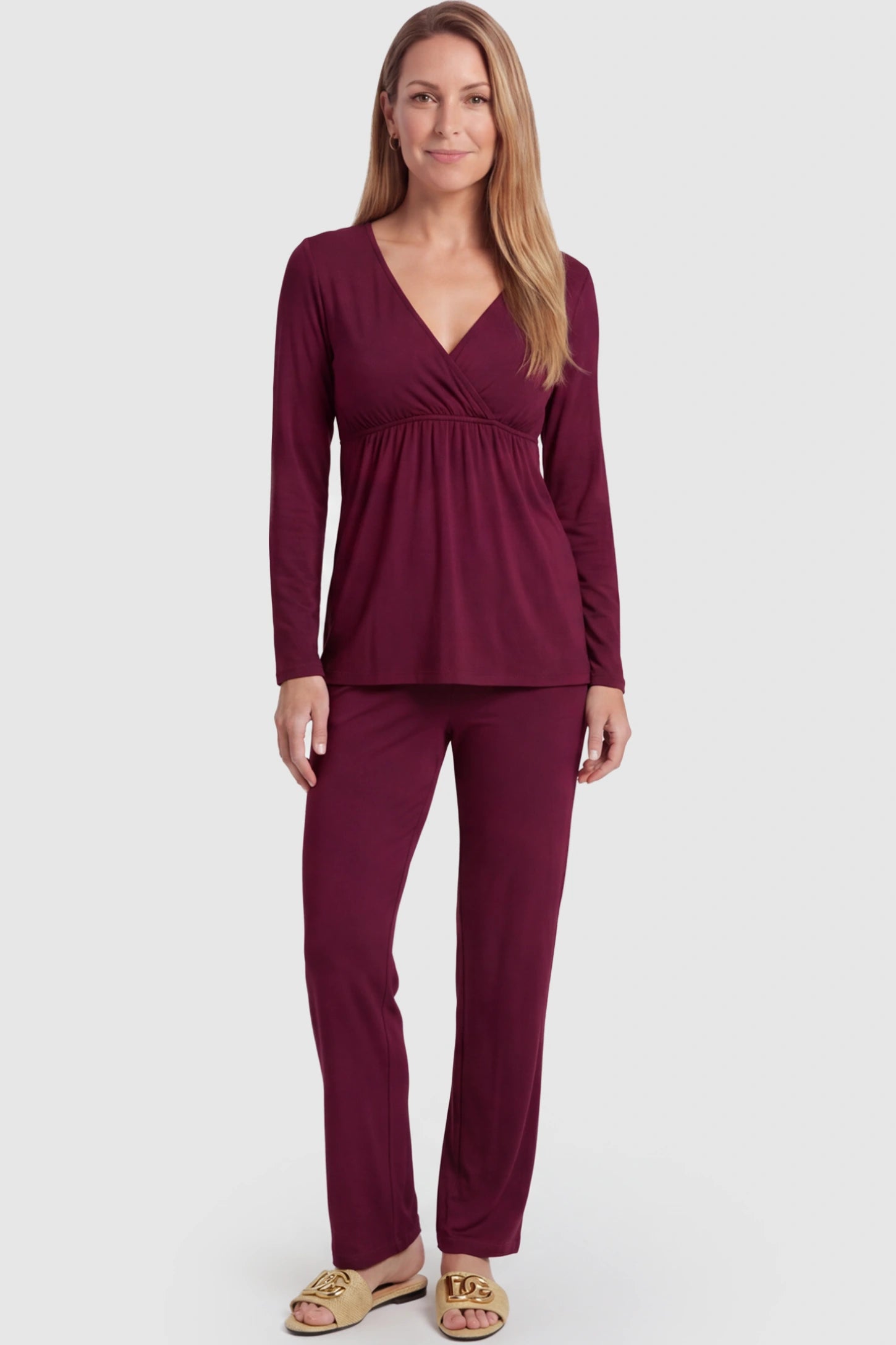V-Neck Long Sleeve Top with Long Pants Maternity Sleepwear V-Neck Long Sleeve Maternity Lounge Set in Burgundy featuring a crossover front on a postpartum model showing front.