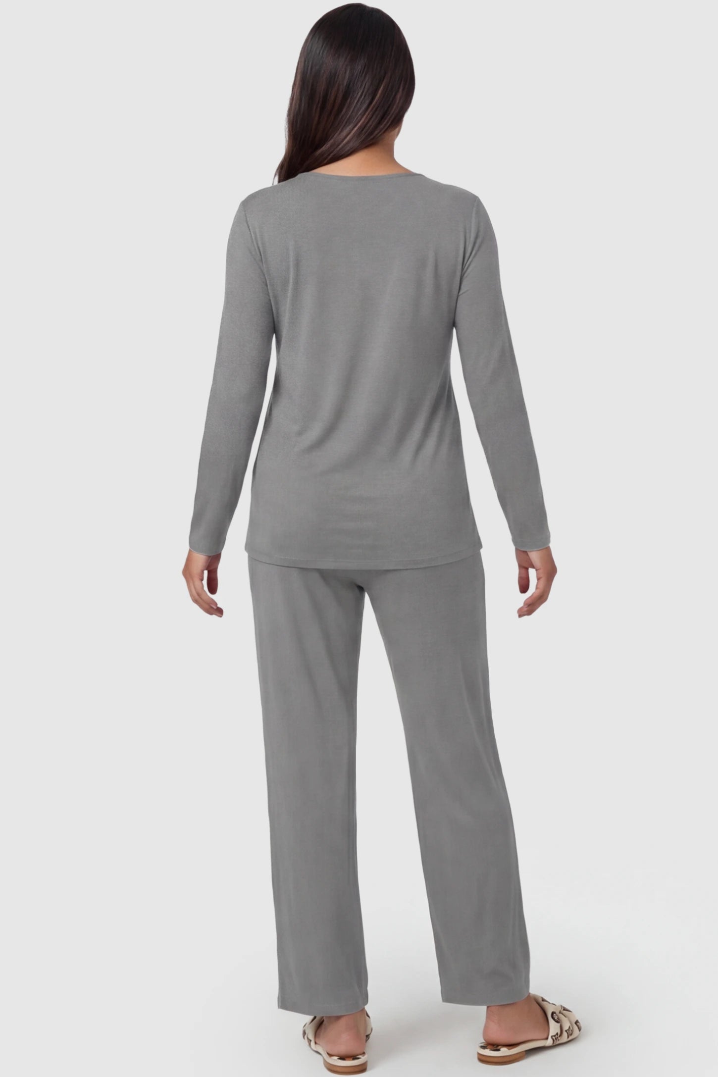 V-Neck Long Sleeve Top with Long Pants Maternity Sleepwear V-Neck Long Sleeve Maternity Lounge Set in Gray featuring long sleeves on a pregnant model showing back.