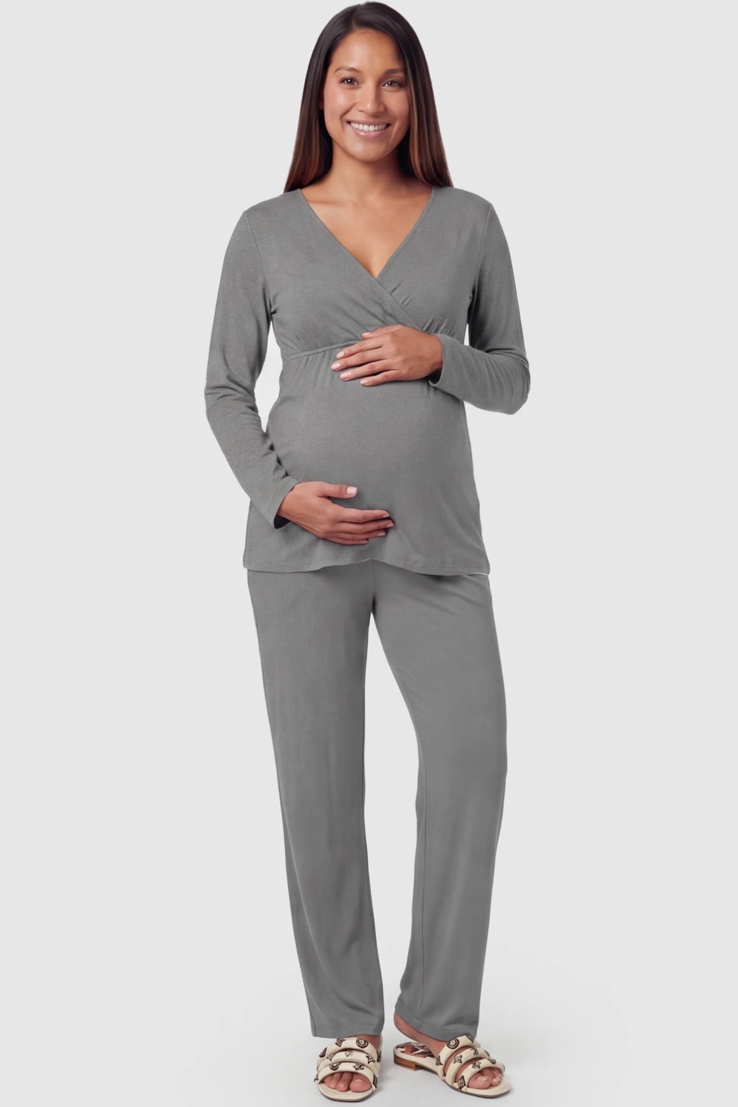 V-Neck Long Sleeve Top with Long Pants Maternity Sleepwear V-Neck Long Sleeve Maternity Lounge Set in Gray featuring a crossover front on a pregnant model showing fullbody.
