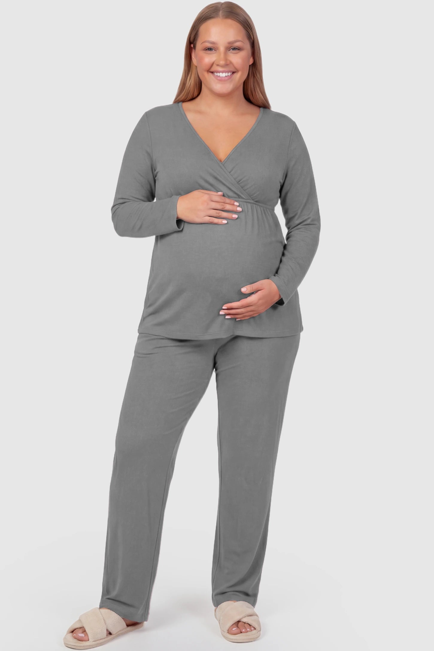V-Neck Long Sleeve Top with Long Pants Maternity Sleepwear V-Neck Long Sleeve Maternity Lounge Set in Gray featuring a crossover front on a plus size model showing front.