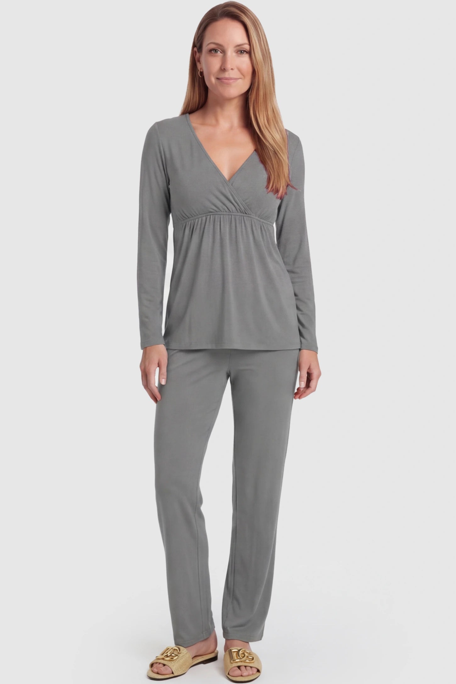 V-Neck Long Sleeve Top with Long Pants Maternity Sleepwear V-Neck Long Sleeve Maternity Lounge Set in Gray featuring a crossover front on a postpartum model showing front.