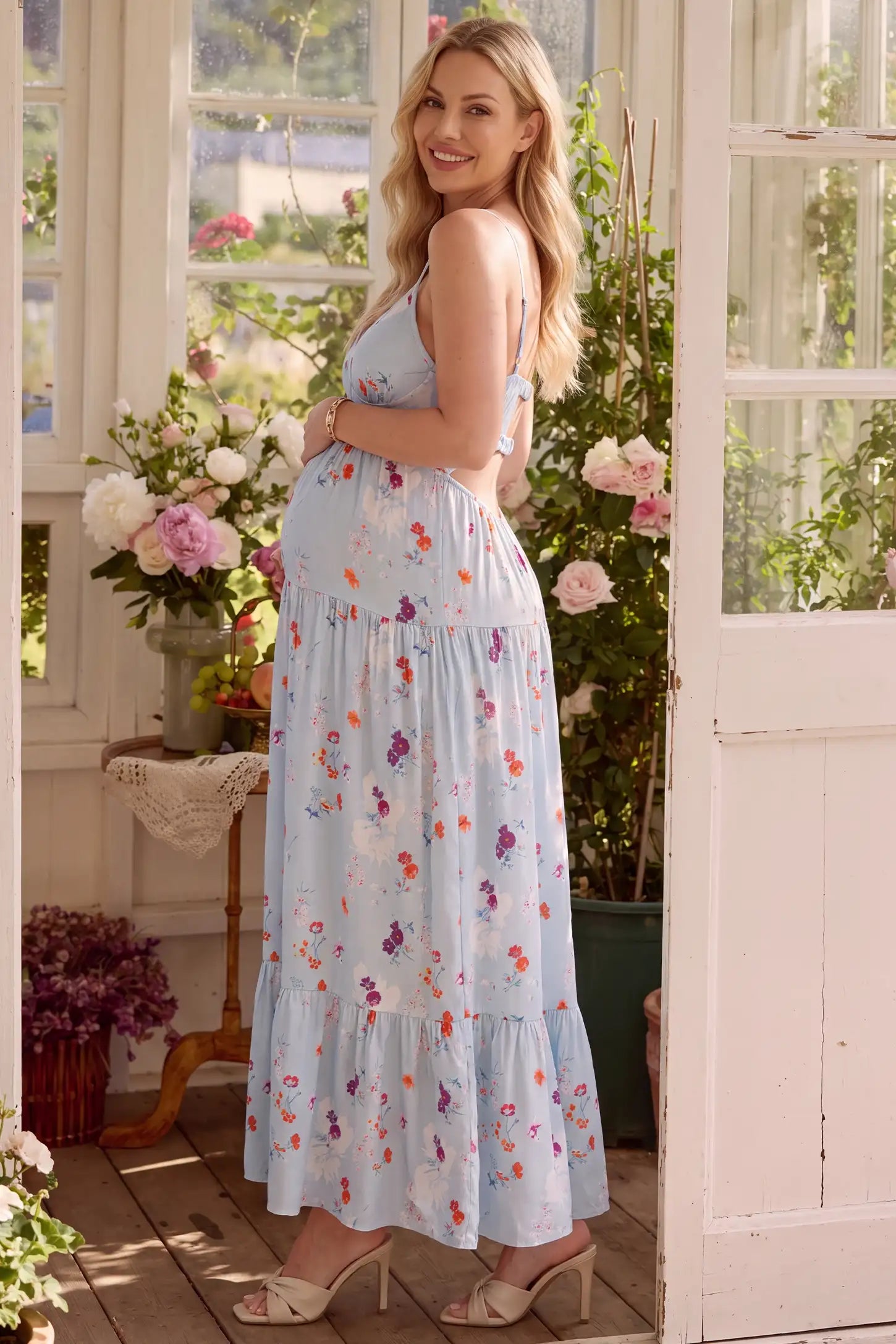V-Neck Open Back Maternity Maxi Dress V-Neck Open Back Maternity Maxi Dress in Light Blue Floral accommodating a growing bump with a relaxed fit on a pregnant model, lifestyle side view.