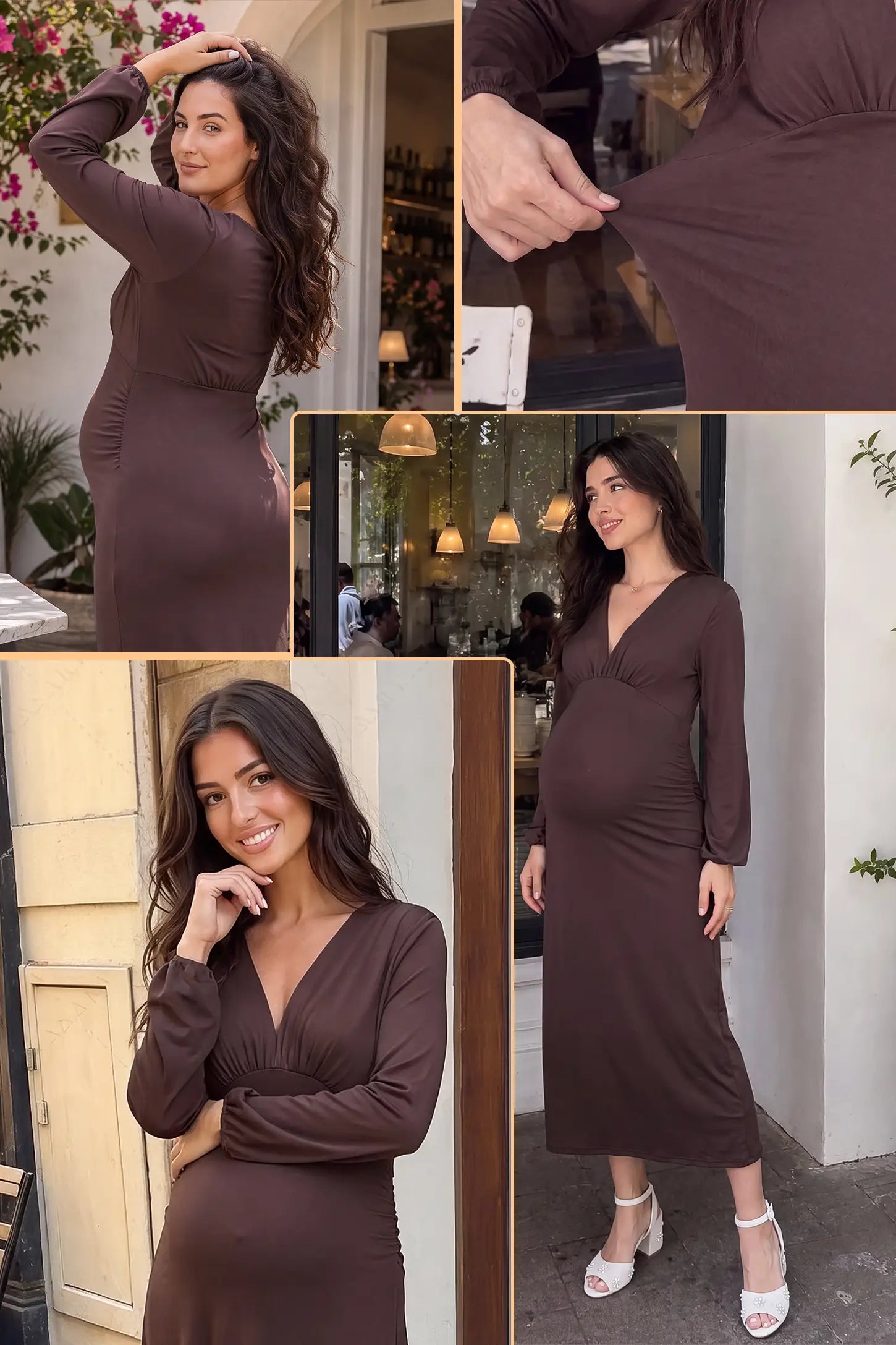 V-Neck Ruched Long Sleeve Maternity Midi Dress V-Neck Ruched Long Sleeve Maternity Midi Dress in Brown with a chic ruched design, lifestyle front view on a pregnant model.