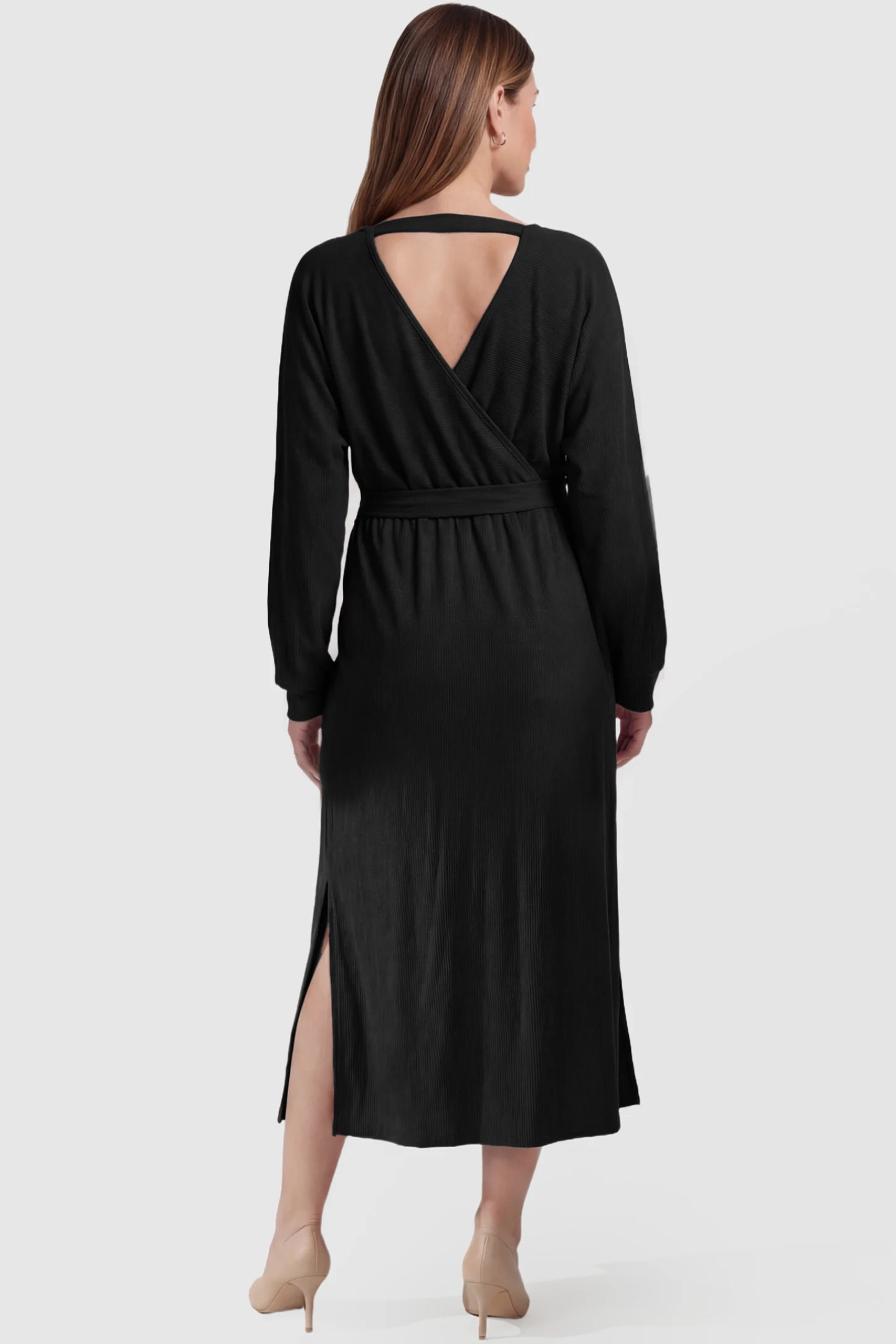 Wrap Front Tie Waist Long Sleeve Maternity Midi Dress Wrap Front Tie Waist Long Sleeve Maternity Midi Dress in Black featuring deep V-back with horizontal strap and side slits on a pregnant model, back view.
