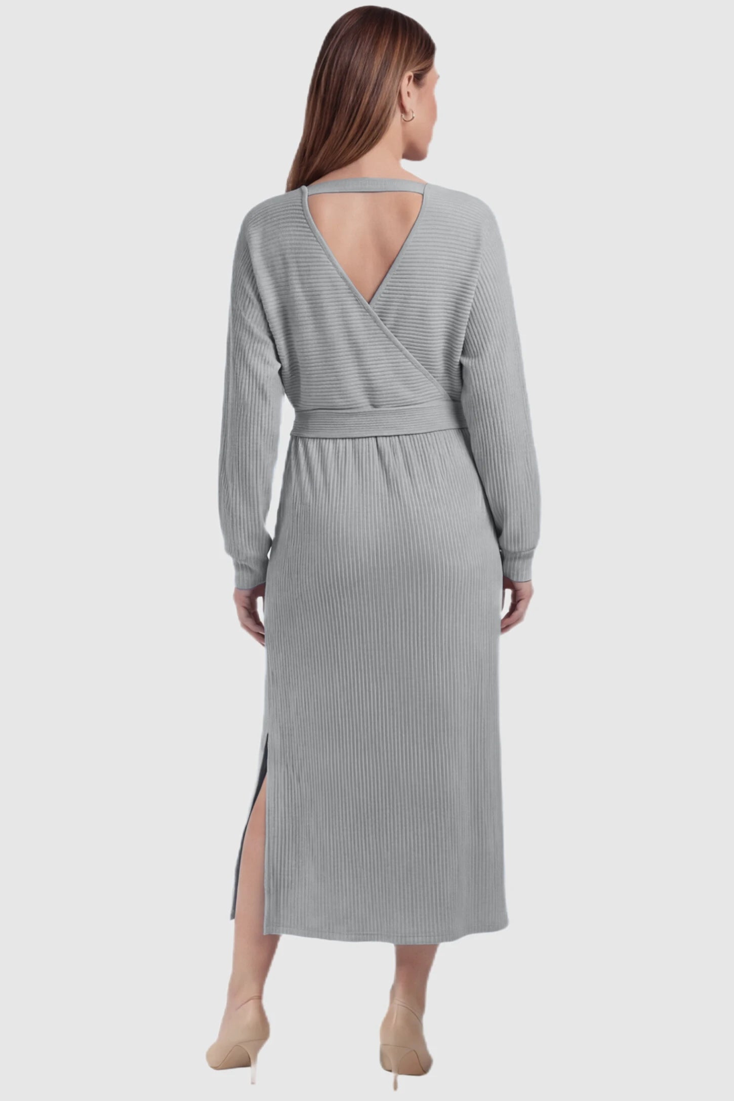 Wrap Front Tie Waist Long Sleeve Maternity Midi Dress Wrap Front Tie Waist Long Sleeve Maternity Midi Dress in Gray featuring deep V-back with horizontal strap and side slits on a pregnant model, back view.