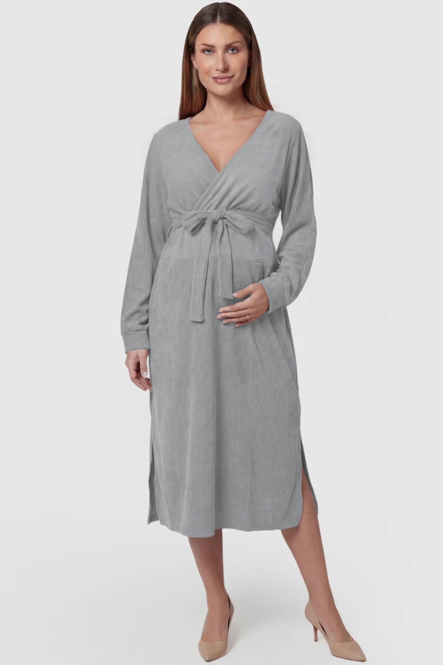 Wrap Front Tie Waist Long Sleeve Maternity Midi Dress Wrap Front Tie Waist Long Sleeve Maternity Midi Dress in Gray featuring adjustable tie waist and side slits on a pregnant model, front view.