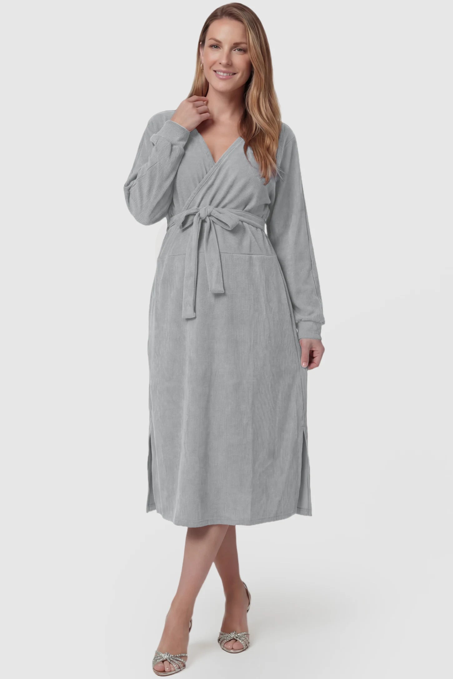 Wrap Front Tie Waist Long Sleeve Maternity Midi Dress Wrap Front Tie Waist Long Sleeve Maternity Midi Dress in Gray featuring adjustable tie waist and side slits on a postpartum model, front view.