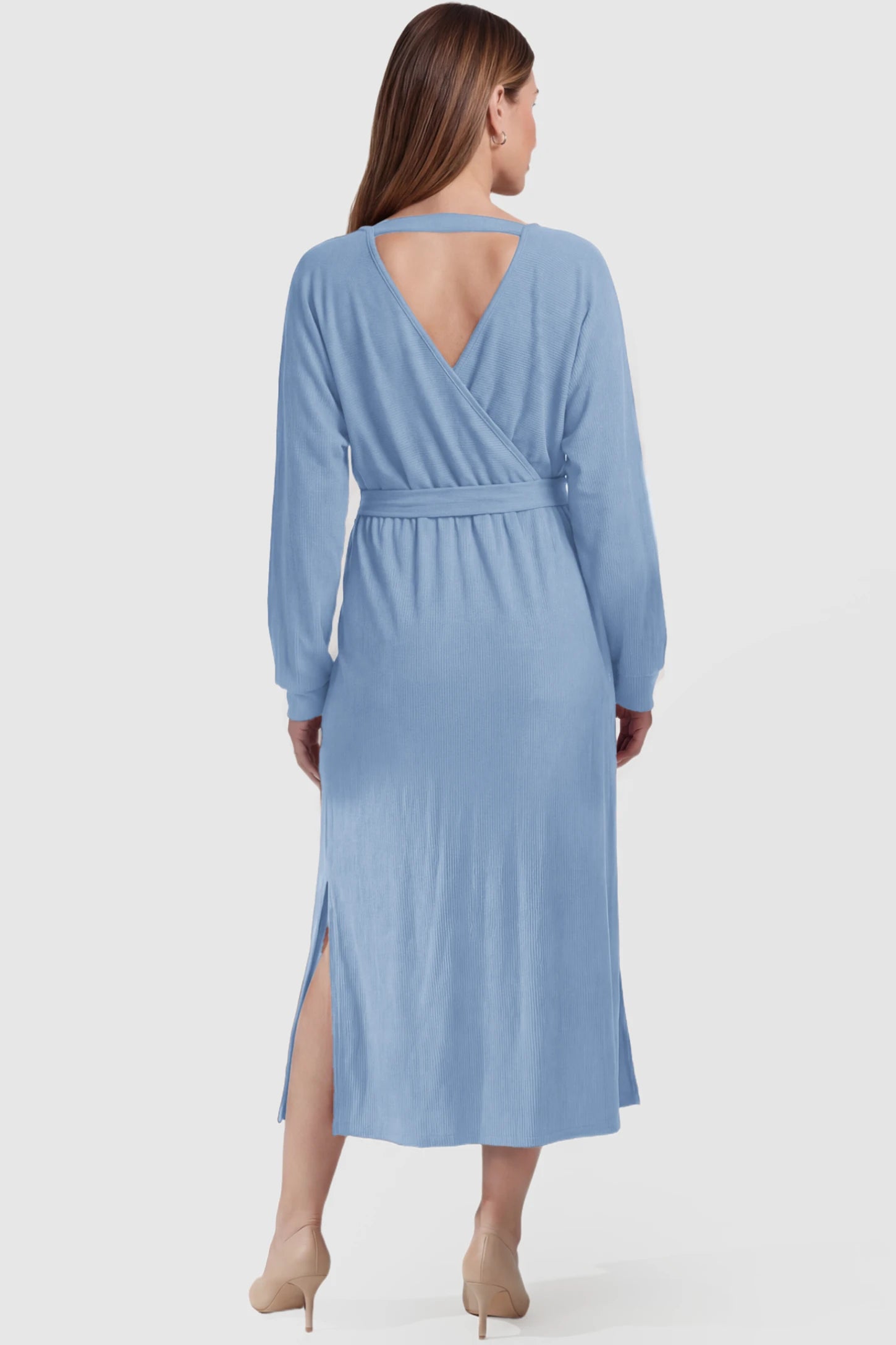 Wrap Front Tie Waist Long Sleeve Maternity Midi Dress Wrap Front Tie Waist Long Sleeve Maternity Midi Dress in Light Blue featuring deep V-back with horizontal strap and side slits on a pregnant model, back view.