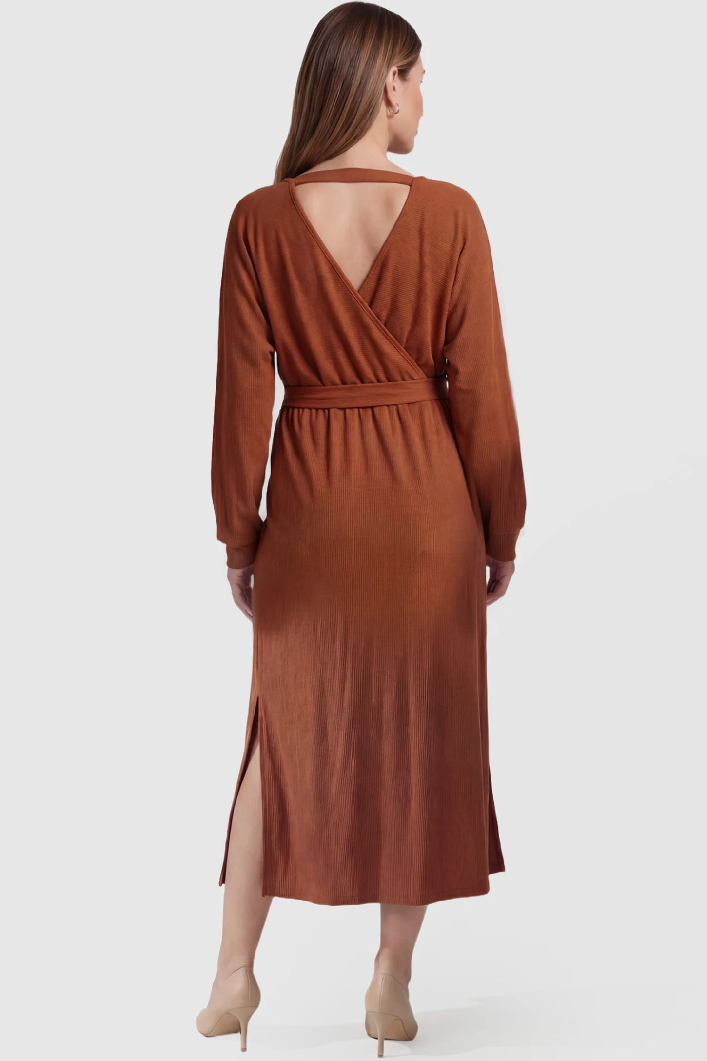 Wrap Front Tie Waist Long Sleeve Maternity Midi Dress Wrap Front Tie Waist Long Sleeve Maternity Midi Dress in Orange featuring deep V-back with horizontal strap and side slits on a pregnant model, back view.