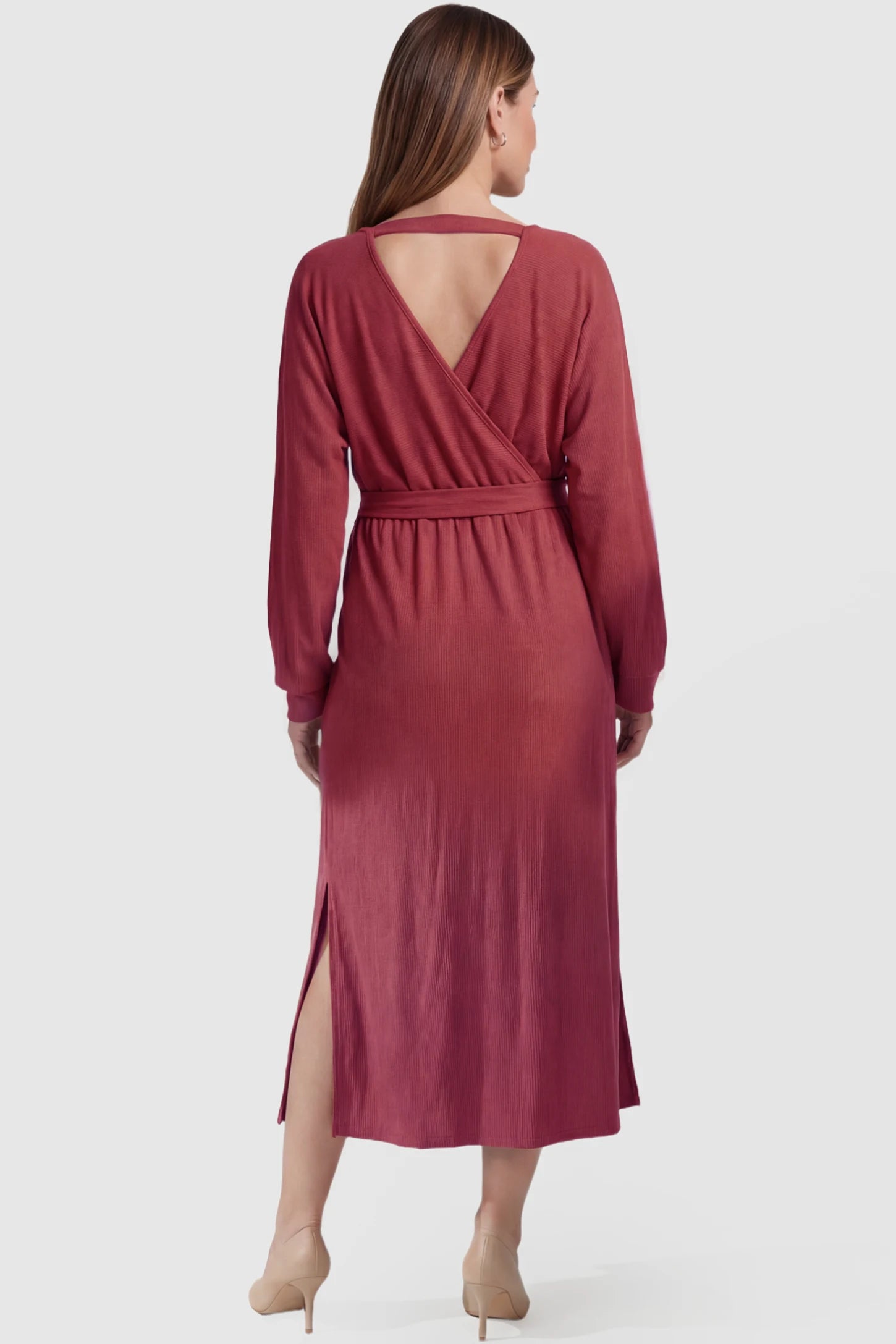 Wrap Front Tie Waist Long Sleeve Maternity Midi Dress Wrap Front Tie Waist Long Sleeve Maternity Midi Dress in Purple featuring deep V-back with horizontal strap and side slits on a pregnant model, back view.