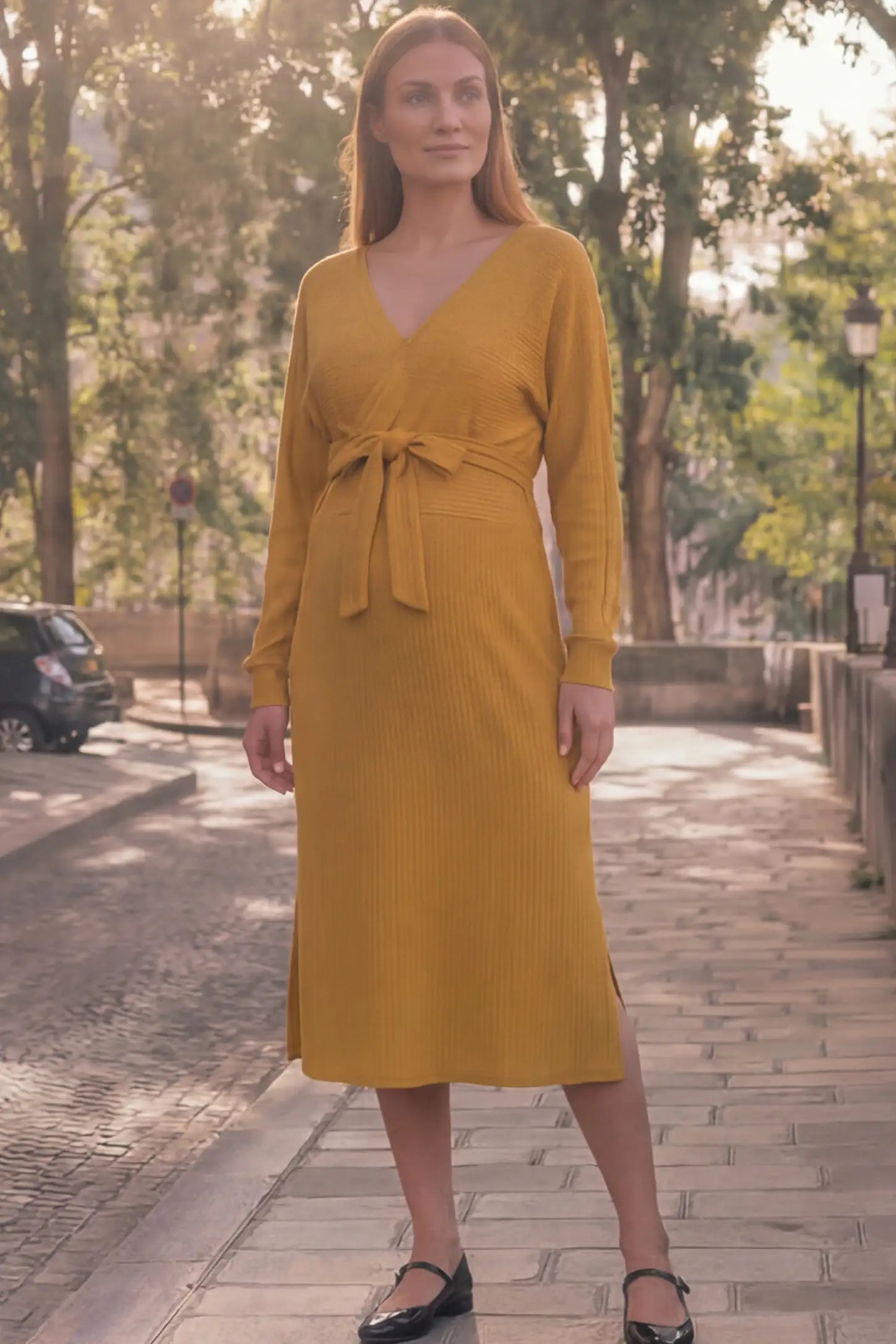 Wrap Front Tie Waist Long Sleeve Maternity Midi Dress Wrap Front Tie Waist Long Sleeve Maternity Midi Dress in Yellow featuring adjustable tie waist and side slits on a pregnant woman in outdoor setting, front view.