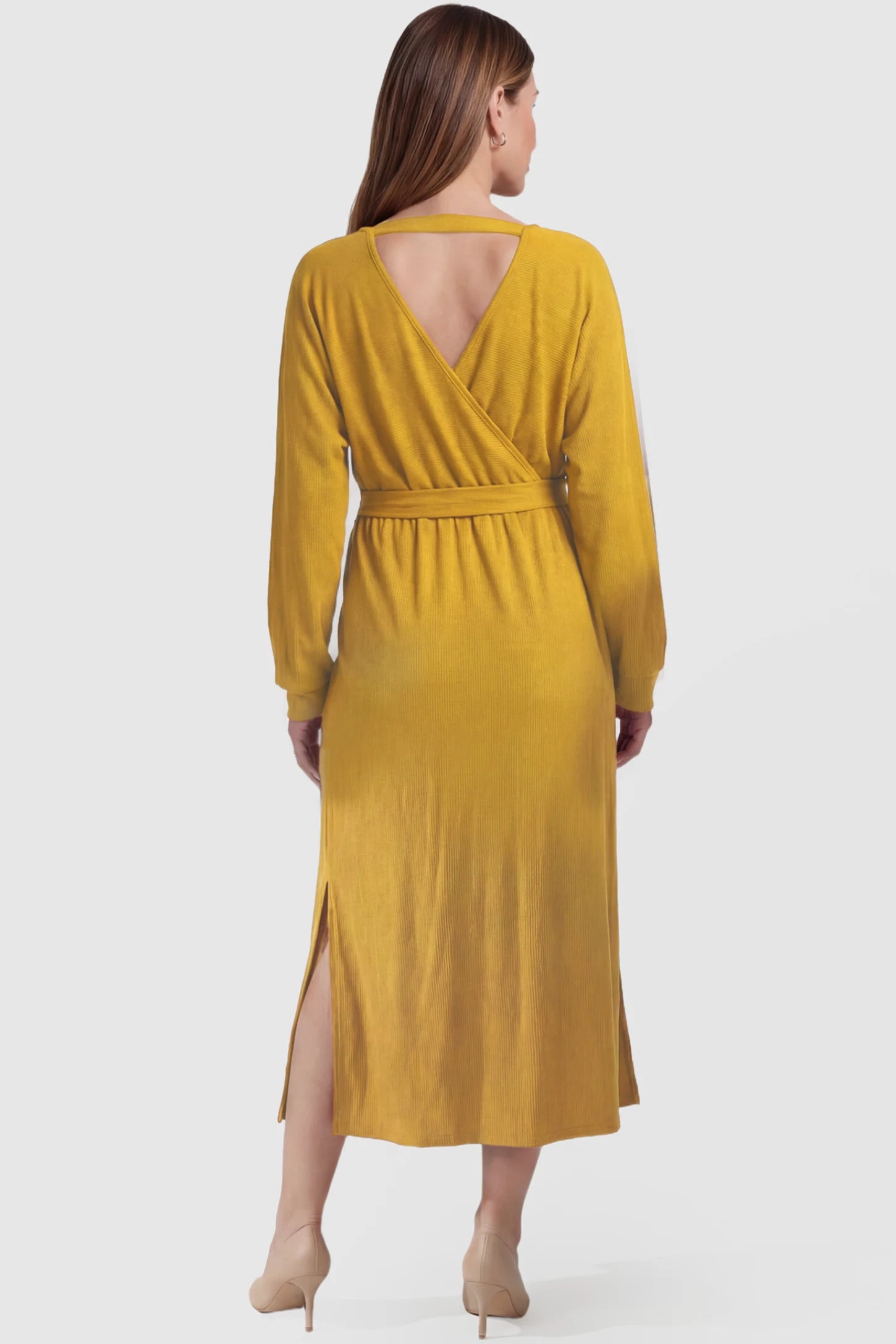 Wrap Front Tie Waist Long Sleeve Maternity Midi Dress Wrap Front Tie Waist Long Sleeve Maternity Midi Dress in Yellow featuring deep V-back with horizontal strap and side slits on a pregnant model, back view.