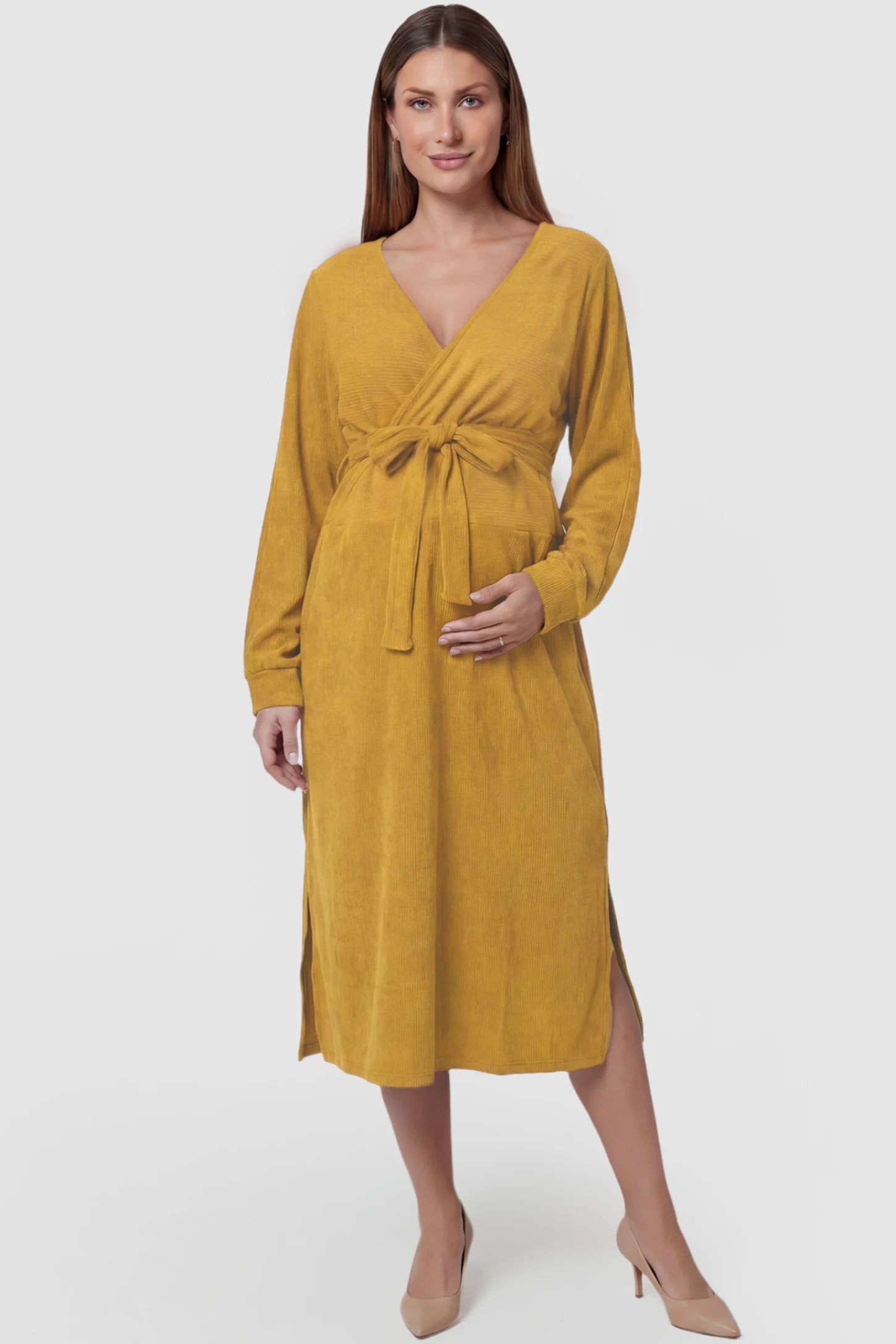 Wrap Front Tie Waist Long Sleeve Maternity Midi Dress Wrap Front Tie Waist Long Sleeve Maternity Midi Dress in Yellow featuring adjustable tie waist and side slits on a pregnant model, front view.