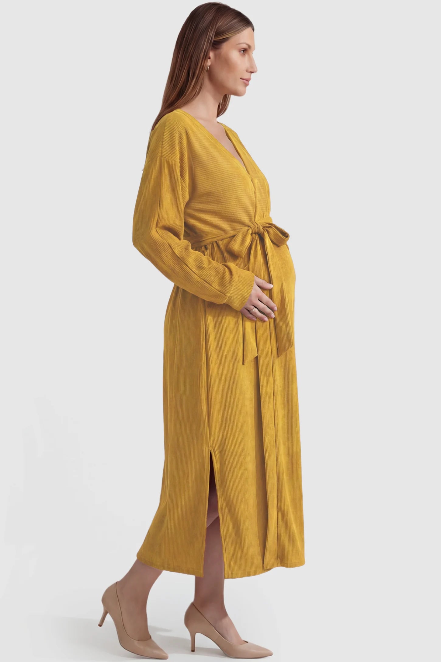 Wrap Front Tie Waist Long Sleeve Maternity Midi Dress Wrap Front Tie Waist Long Sleeve Maternity Midi Dress in Yellow featuring adjustable tie waist and side slits on a pregnant model, side view.