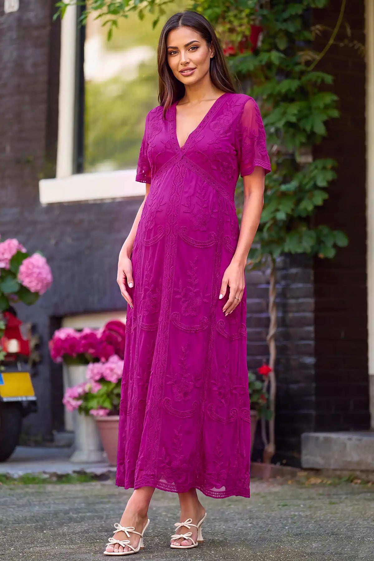 Lace Short Sheer Sleeve Maternity Maxi Dress