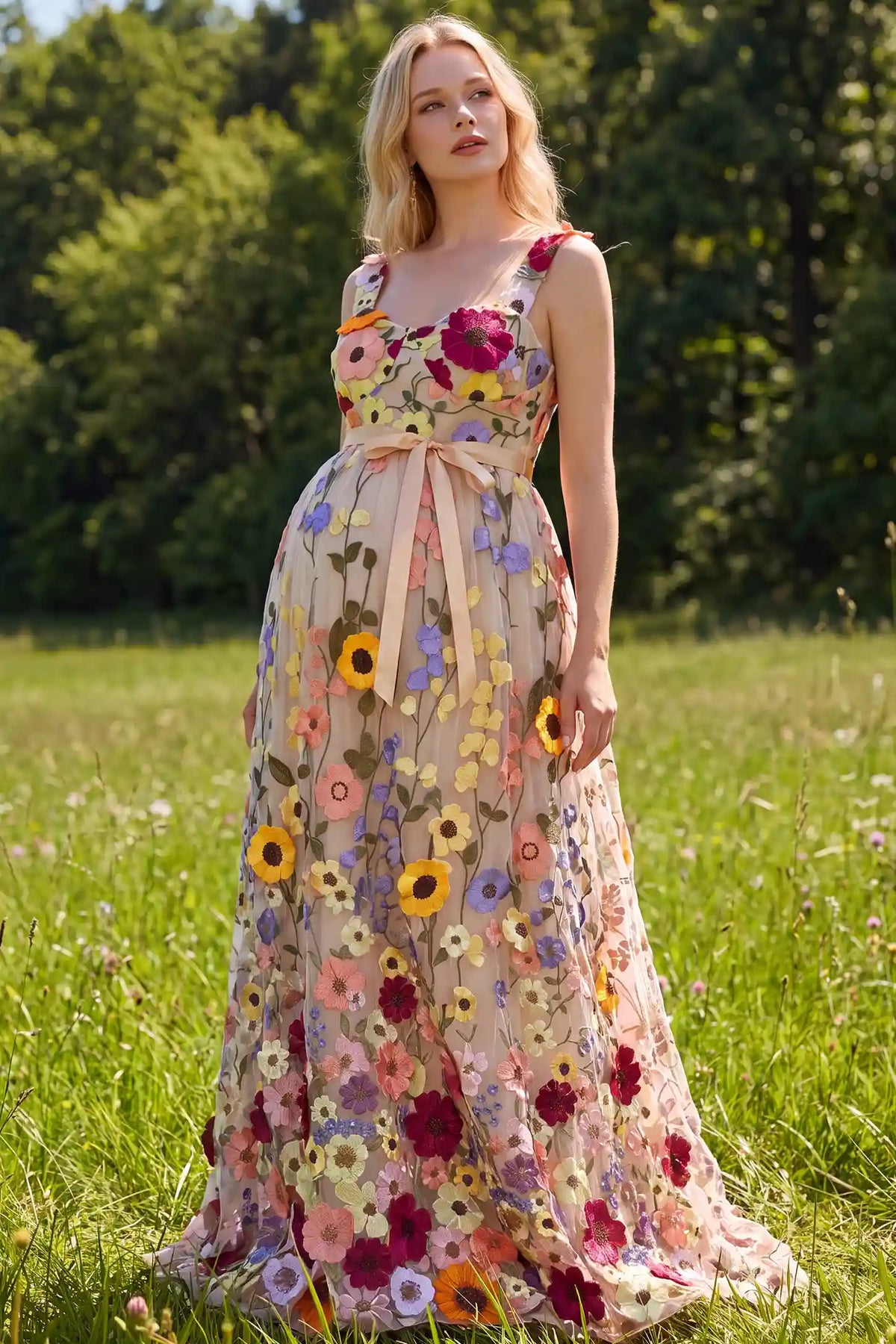3D Floral Embroidery U Neck Maternity Maxi Dress