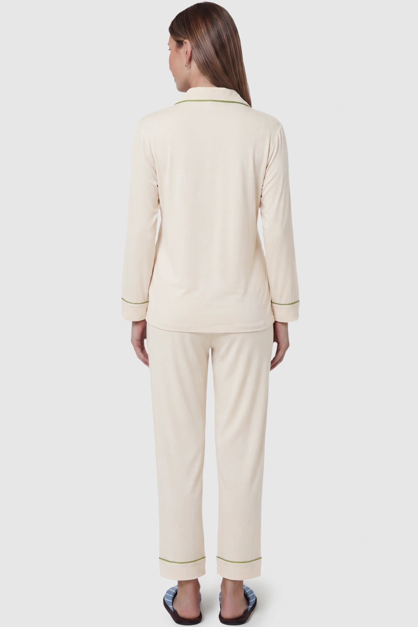Cotton Wrap Front Long Sleeve Top Wide Leg Pants Maternity Sleepwear Cotton Wrap Front Long Sleeve Top Wide Leg Pants Maternity Sleepwear in beige featuring natural cotton fabric on a pregnant model showing back.