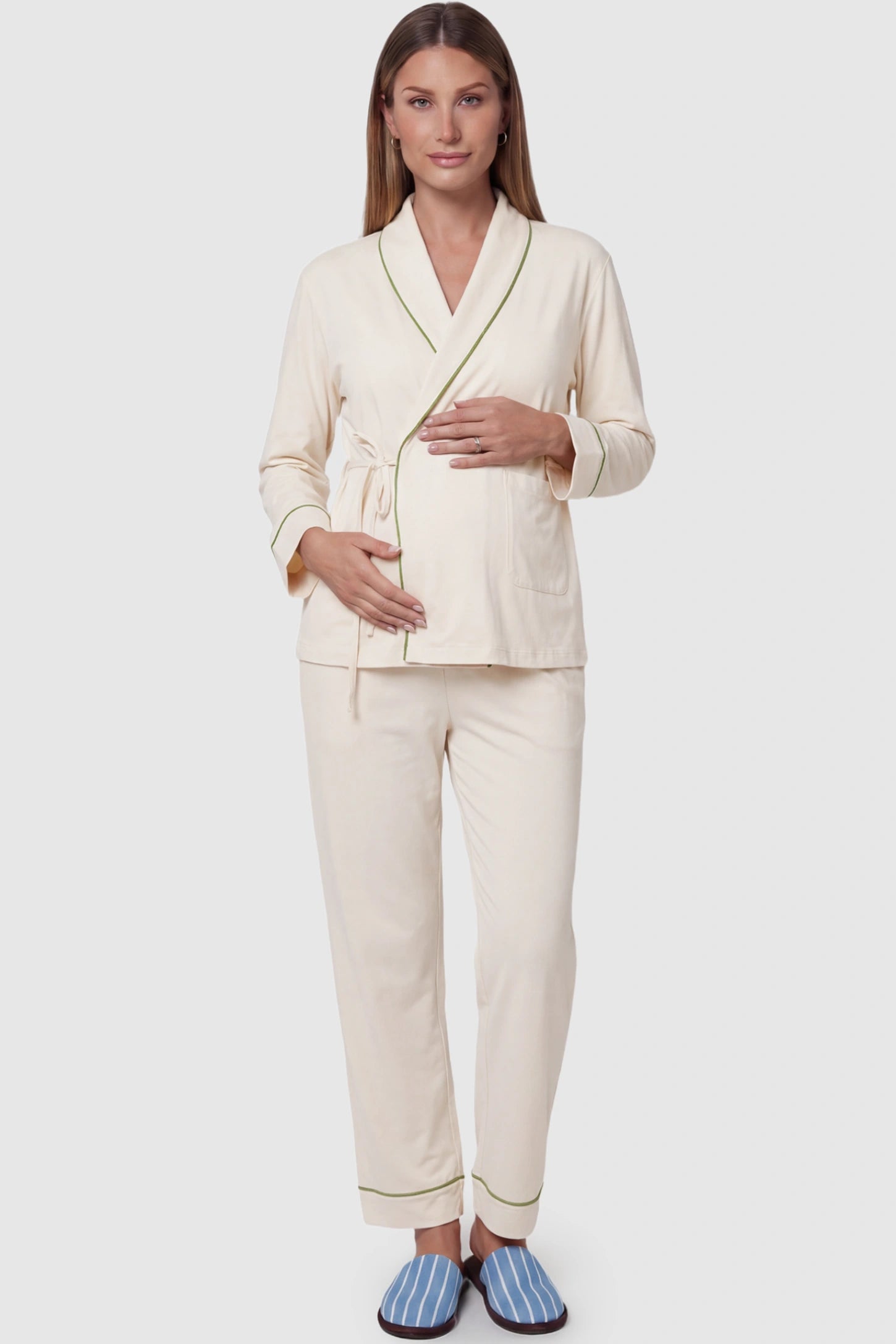 Cotton Wrap Front Long Sleeve Top Wide Leg Pants Maternity Sleepwear Cotton Wrap Front Long Sleeve Top Wide Leg Pants Maternity Sleepwear in beige featuring natural cotton fabric on a pregnant model showing front.