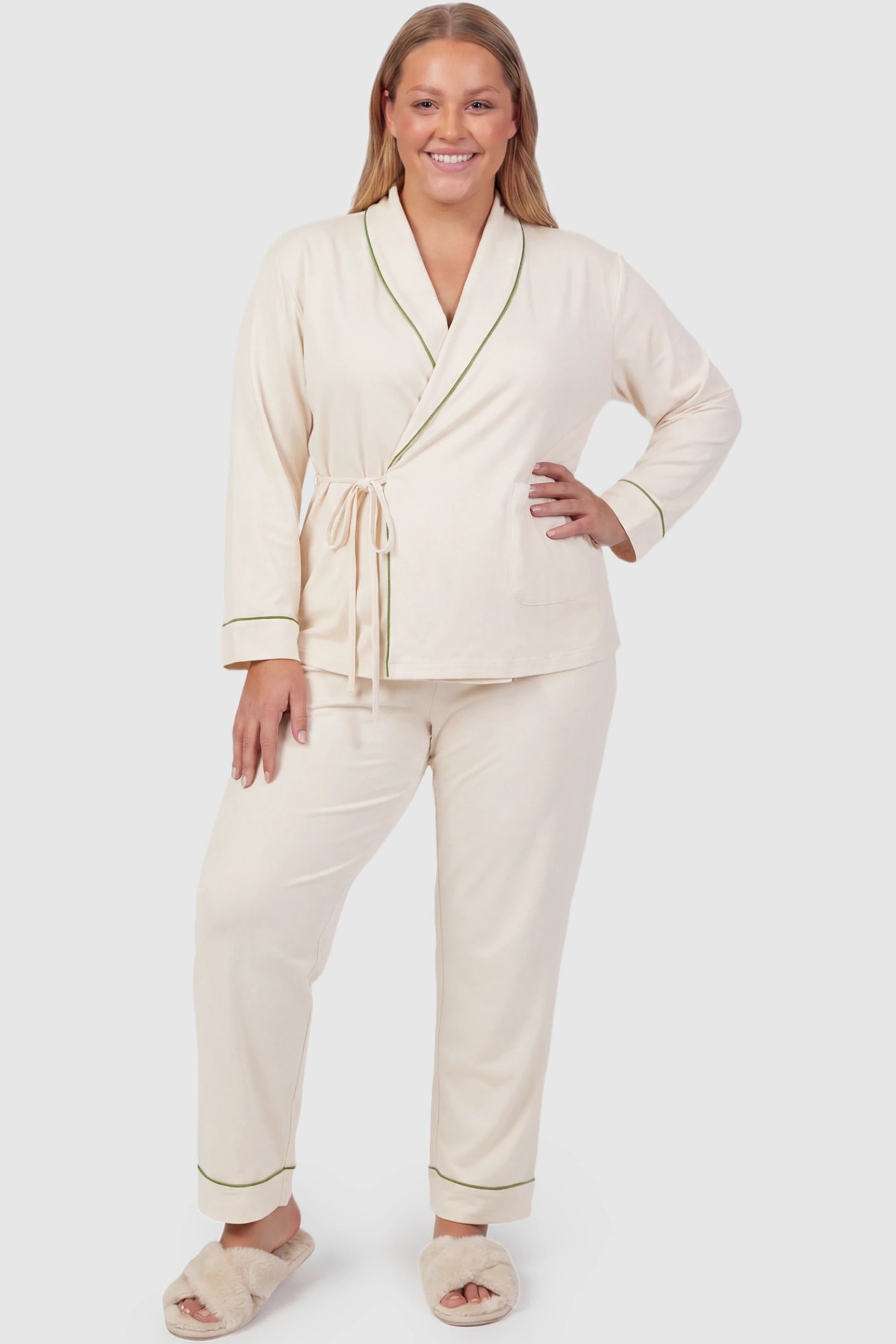Cotton Wrap Front Long Sleeve Top Wide Leg Pants Maternity Sleepwear Cotton Wrap Front Long Sleeve Top Wide Leg Pants Maternity Sleepwear in beige featuring natural cotton fabric on a plus size pregnant model showing front.
