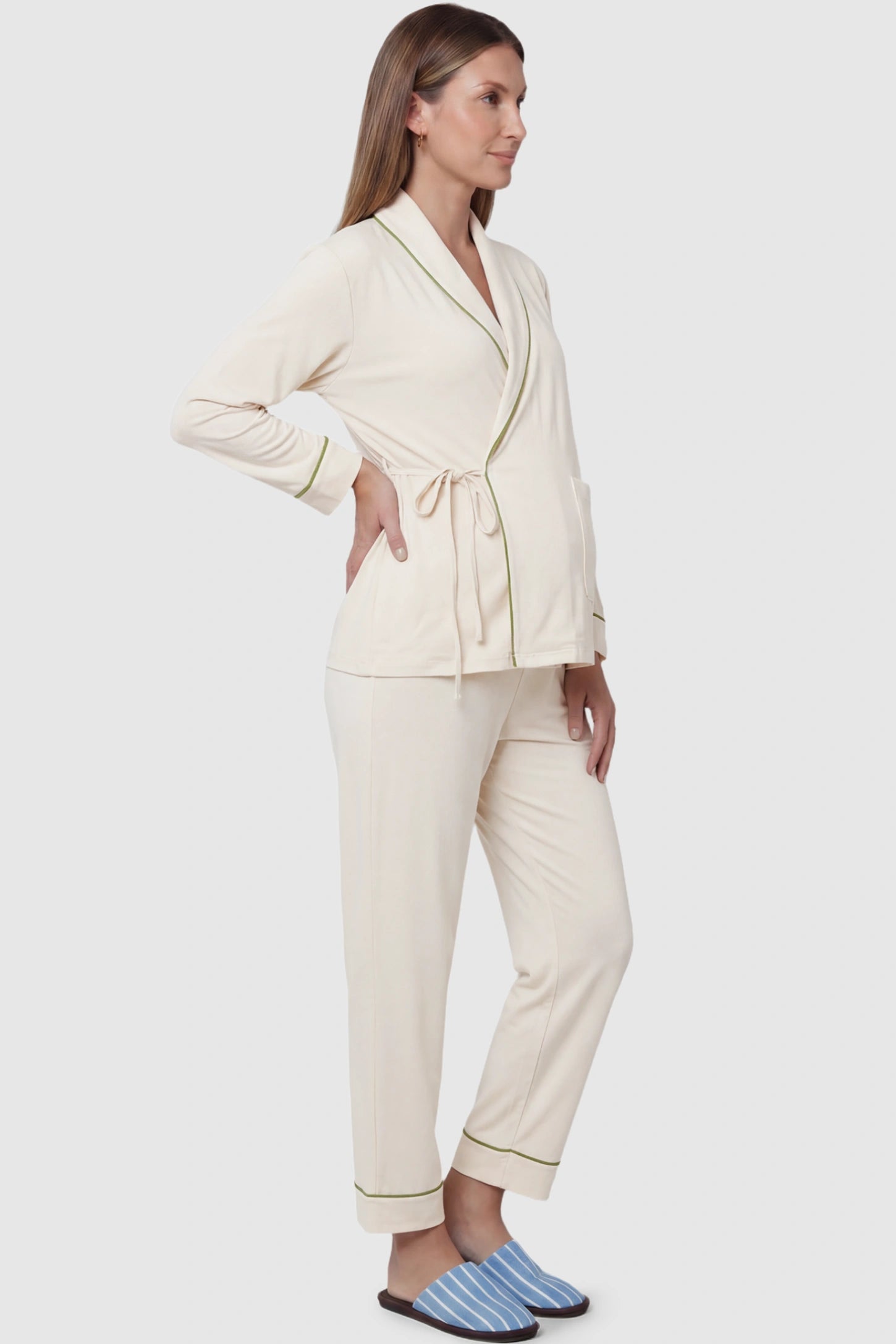 Cotton Wrap Front Long Sleeve Top Wide Leg Pants Maternity Sleepwear Cotton Wrap Front Long Sleeve Top Wide Leg Pants Maternity Sleepwear in beige featuring natural cotton fabric on a pregnant model showing side.