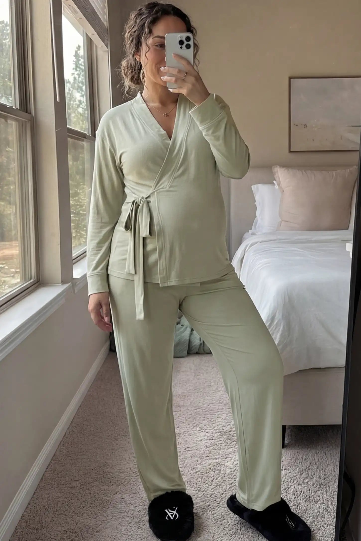 Cotton Wrap Front Long Sleeve Top Wide Leg Pants Maternity Sleepwear Cotton Wrap Front Long Sleeve Top Wide Leg Pants Maternity Sleepwear in Pale Olive featuring natural cotton fabric on a pregnant woman showing front.