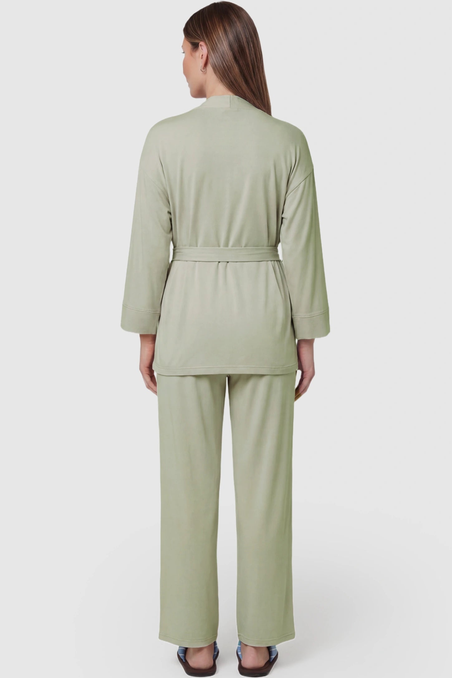 Cotton Wrap Front Long Sleeve Top Wide Leg Pants Maternity Sleepwear Cotton Wrap Front Long Sleeve Top Wide Leg Pants Maternity Sleepwear in Pale Olive featuring natural cotton fabric on a pregnant model showing back.