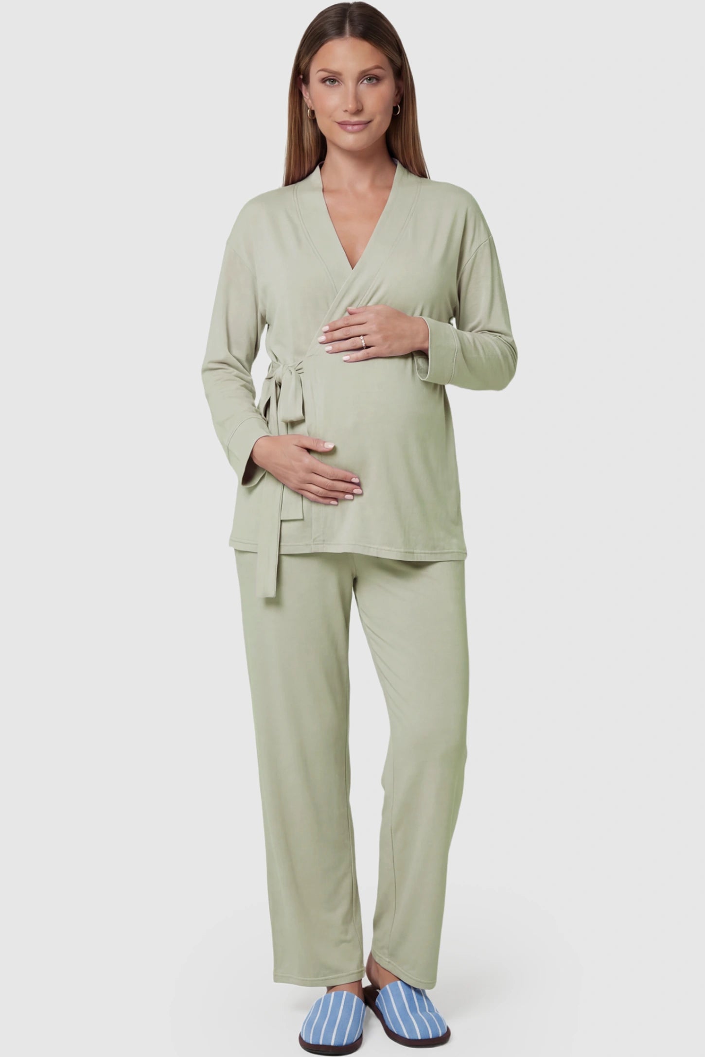 Cotton Wrap Front Long Sleeve Top Wide Leg Pants Maternity Sleepwear in Pale Olive featuring natural cotton fabric on a pregnant model showing front.